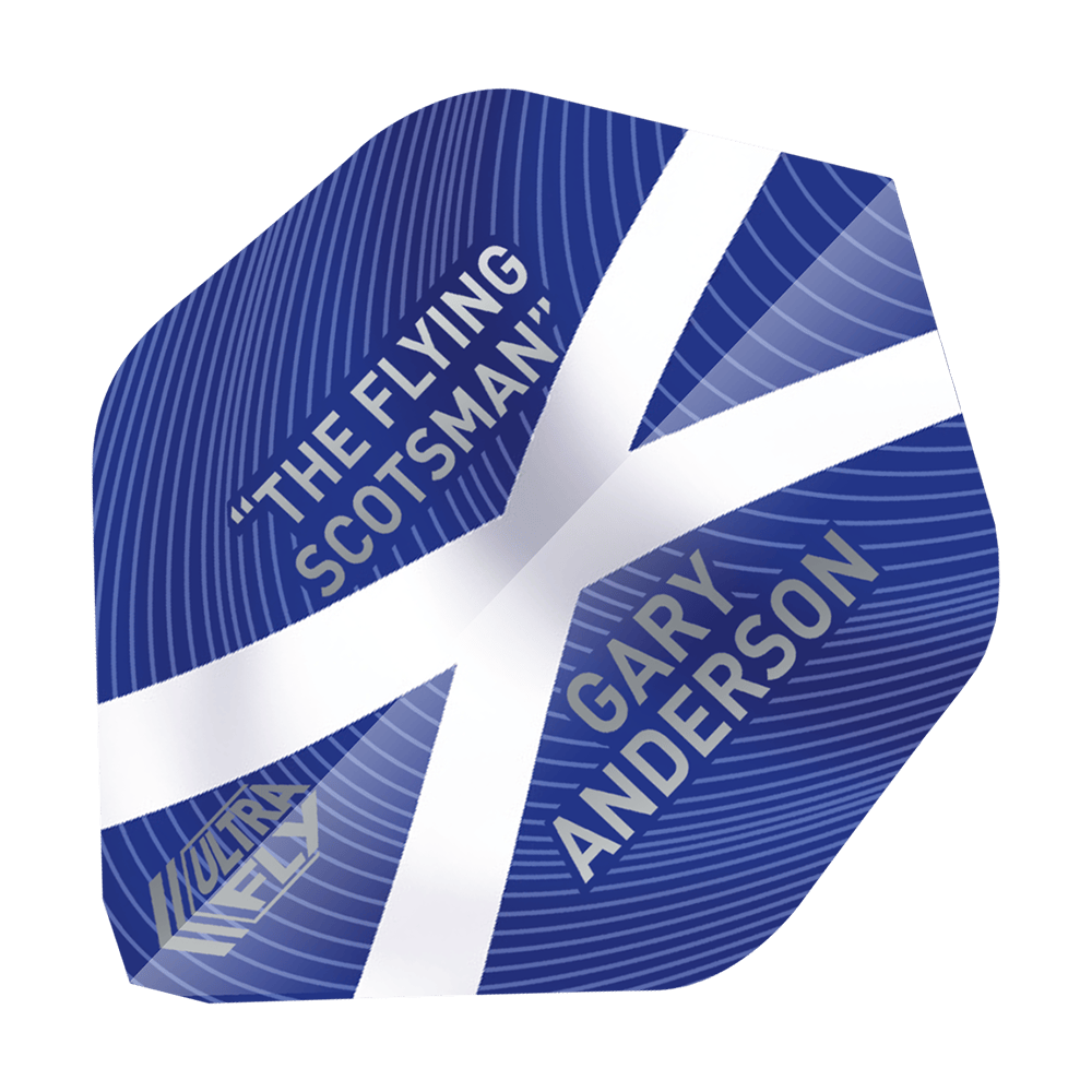 UN18_69040_Unicorn_UltraFly75_Gary_Anderson_World_Champion_AR1_Flights_1 Das Bild zeigt einen blauen Dartflight mit weißem Kreuz, der an die schottische Flagge erinnert. Darauf stehen die Wörter „THE FLYING SCOTSMAN“, „GARY ANDERSON“ und „ULTRA FLY“.