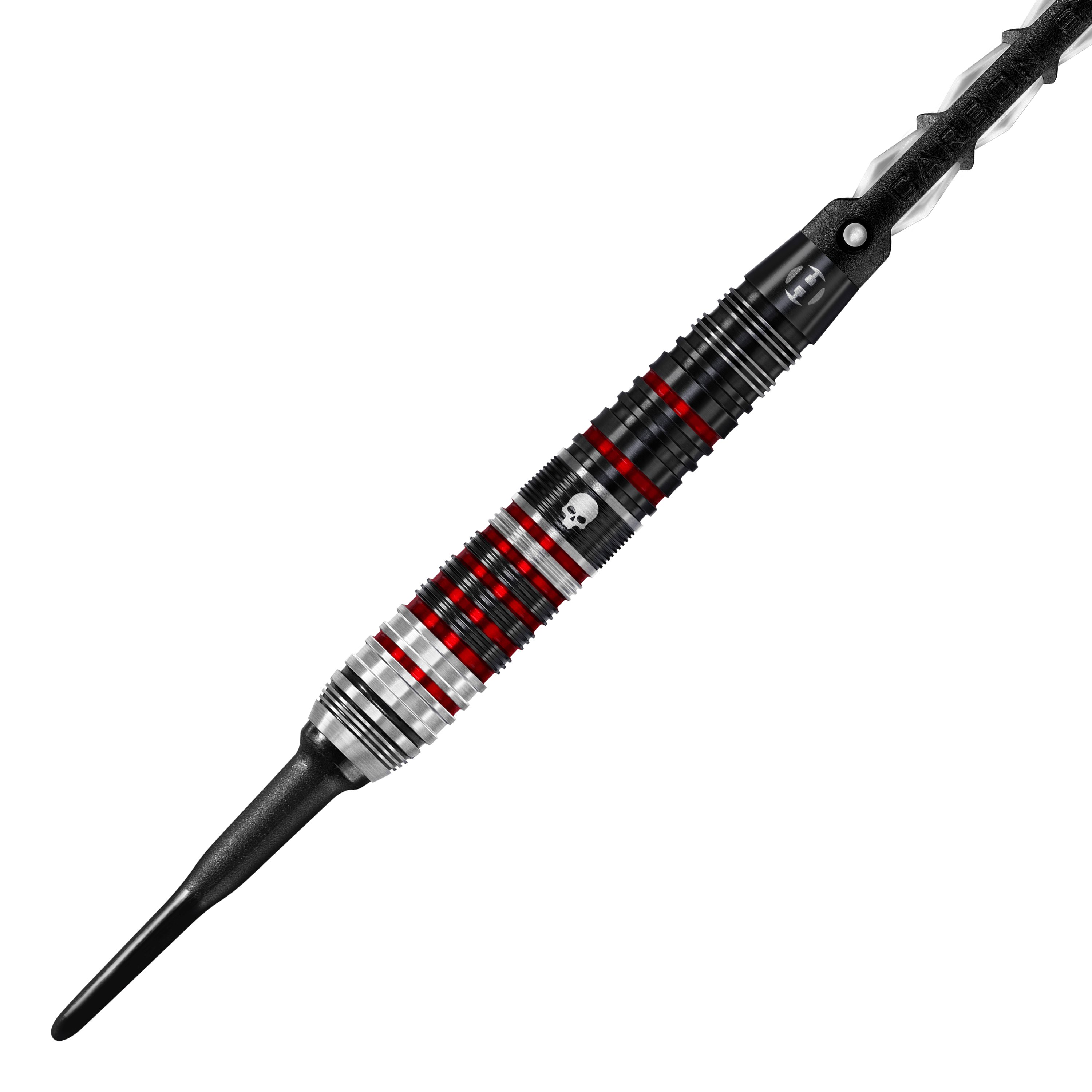 Harrow's Ryan Searle Heavy Metal Series 2 soft darts Das Bild zeigt einen Harrows Ryan Searle Heavy Metal Series 2 Softdart. Der Dartpfeil ist schwarz, silber und rot mit einem Totenkopf-Design auf dem Griff.