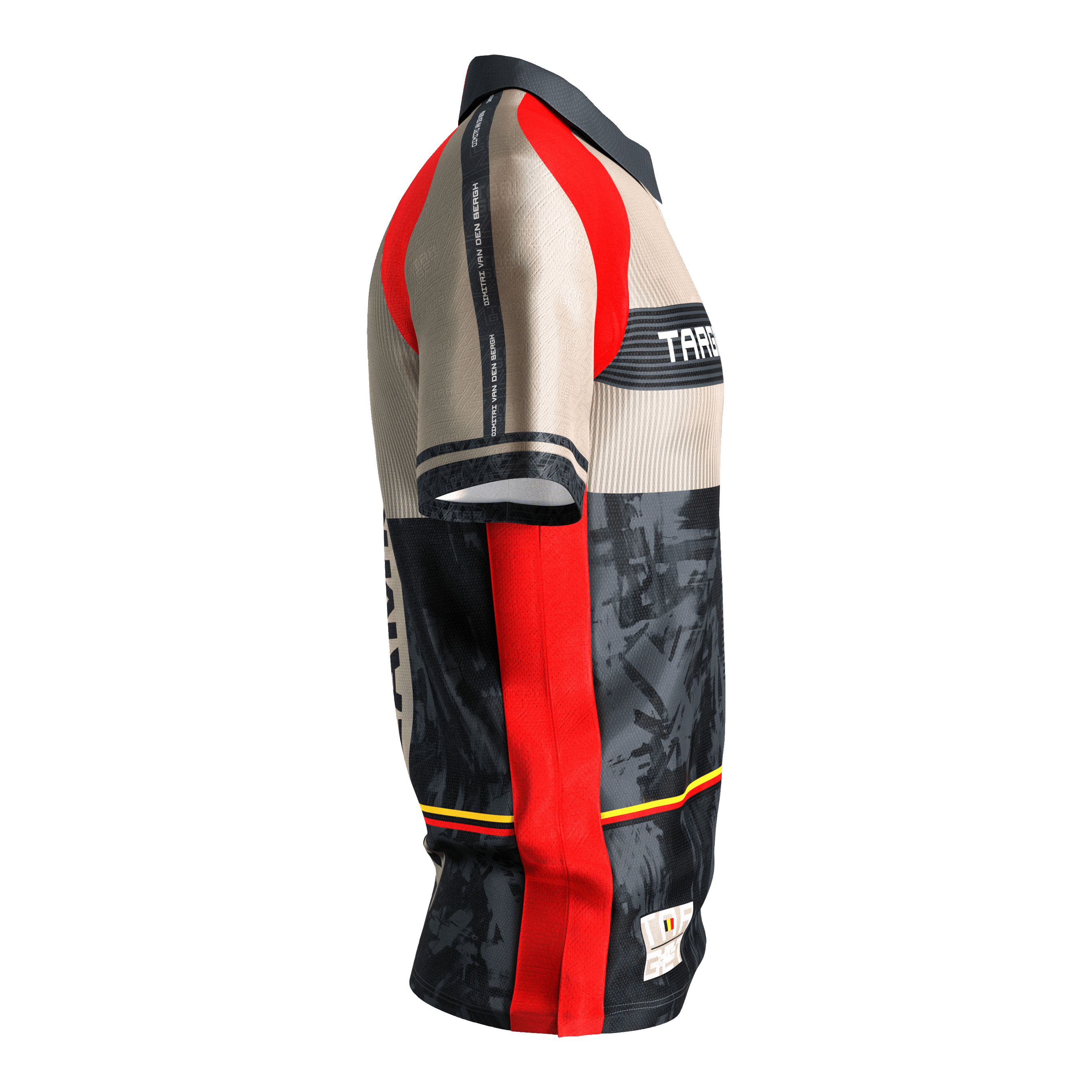 Das Bild zeigt das "Target Coolplay Dimitri Van Den Bergh 2025 Dartshirt". Das Shirt ist in Beige, Schwarz, Rot und Gelb gestaltet und hat sportliche Designelemente.