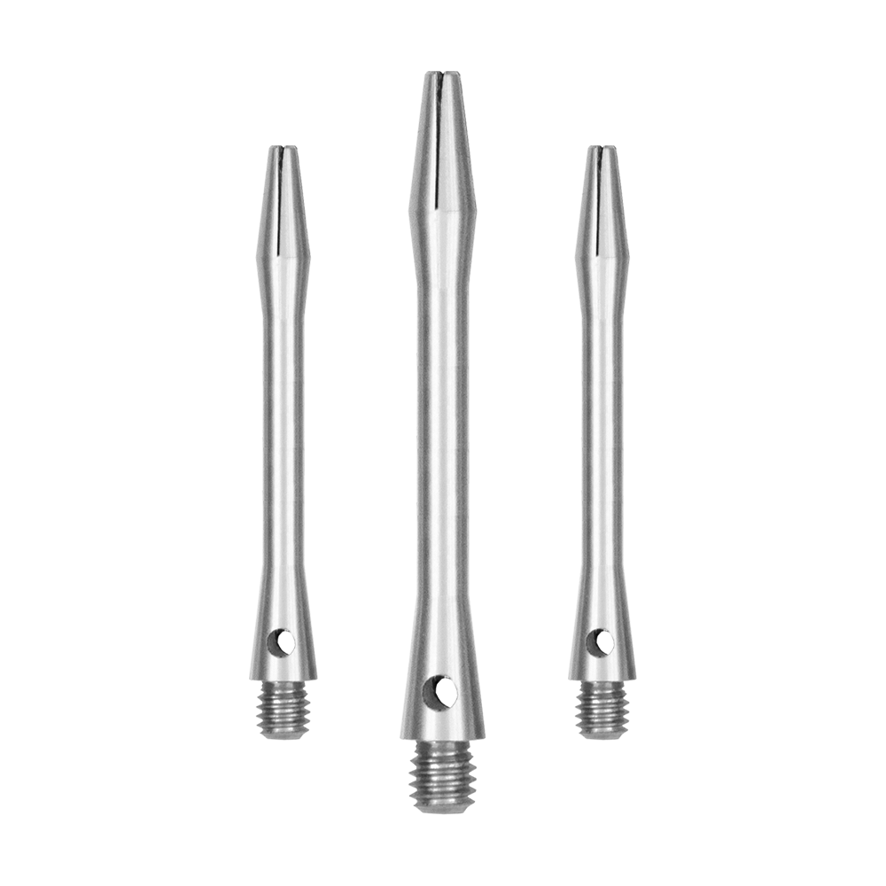 519_Aluminium_Shafts_Silber_46mm_1C5qgvX6TEysXX Das Bild zeigt drei silberne Aluminiumschäfte. Sie sind gerade und haben am unteren Ende ein Gewinde.