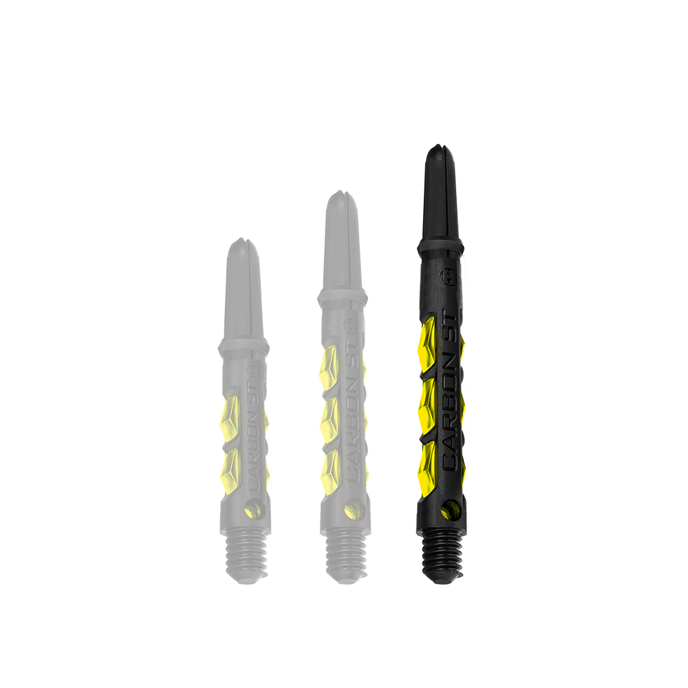HR421_Harrows_Carbon_ST_Shafts_Gelb_47mm_1 Das Bild zeigt drei Harrows Carbon ST Shafts in Gelb. Die Shafts sind unterschiedlich lang und haben ein schwarzes Design mit gelben Akzenten.