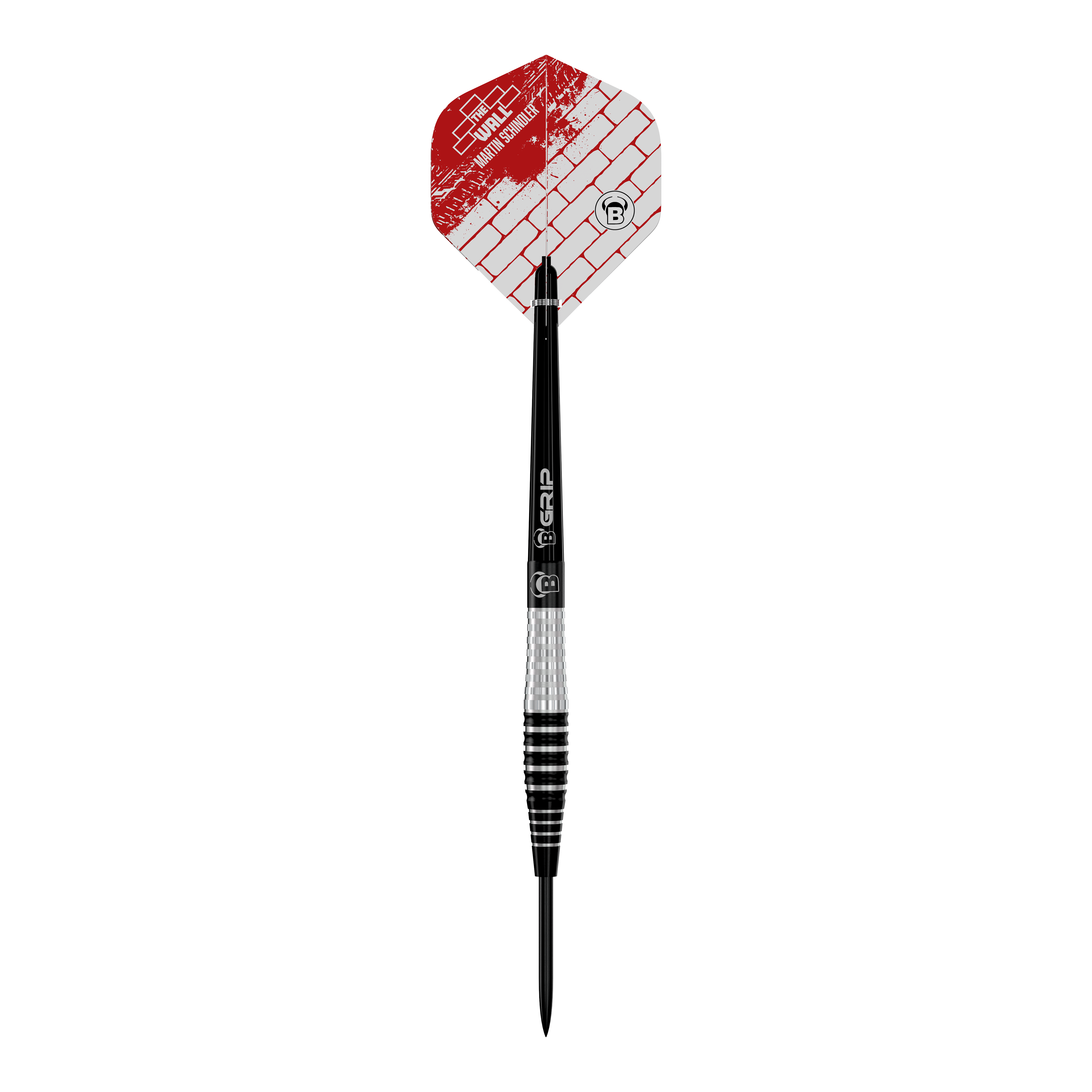 Bulls Martin Schindler Original Generation 3 steel darts Auf dem Bild ist ein Steeldart der Marke „Bulls Martin Schindler Original Generation 3“ zu sehen. Der Dart hat einen silbernen und schwarzen Schaft sowie ein rotes Flight mit Ziegelmuster.