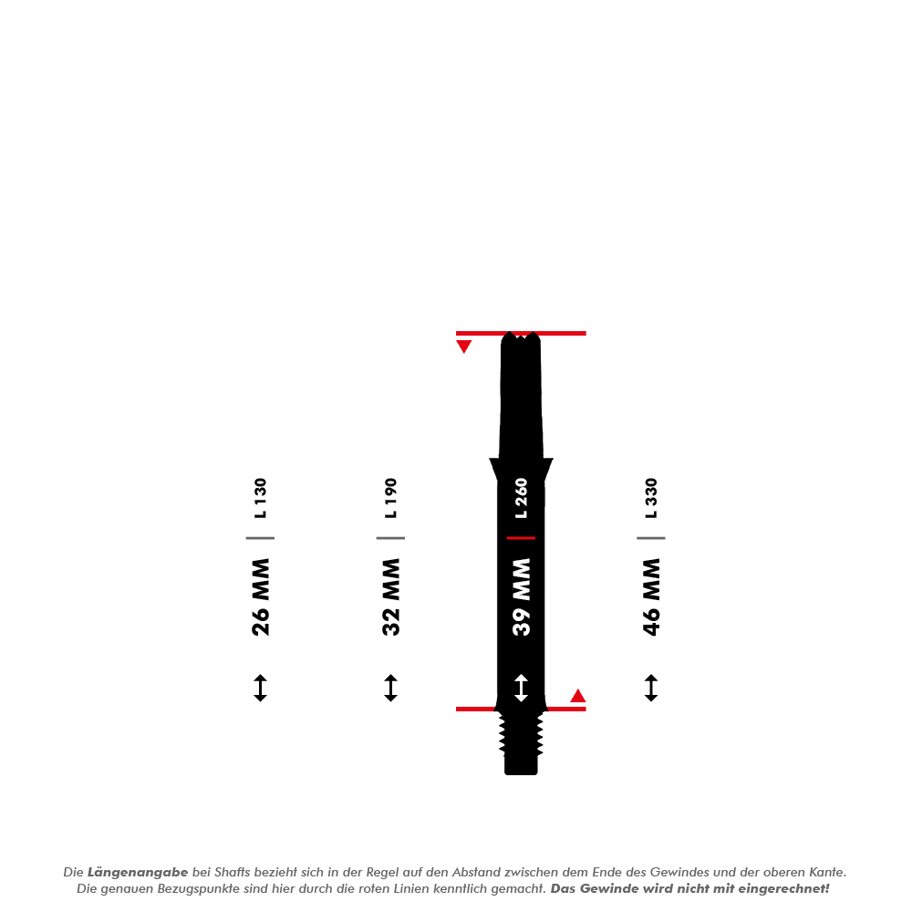 L-L-Style-Shafts Silent Straight - White Das Bild zeigt verschiedene Längen von geraden Dartshafts, die in Millimetern angegeben sind. Die L-Shaft mit einer Länge von 39 mm ist in der Mitte hervorgehoben dargestellt.