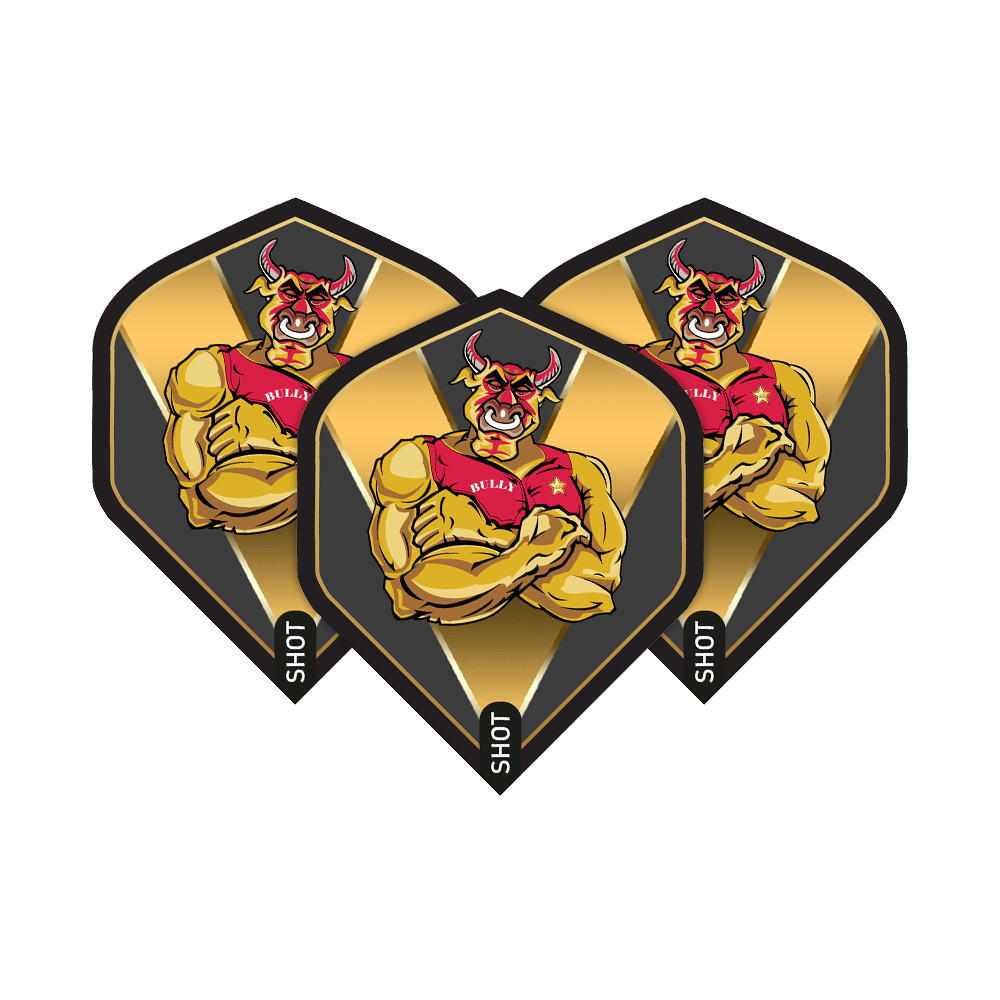 Das Bild zeigt drei Dart-Flights mit einem muskulösen, roten Stier auf goldenem Hintergrund. Auf den Flights steht der Name „Bully Boy“ und unten das Wort „Shot“.