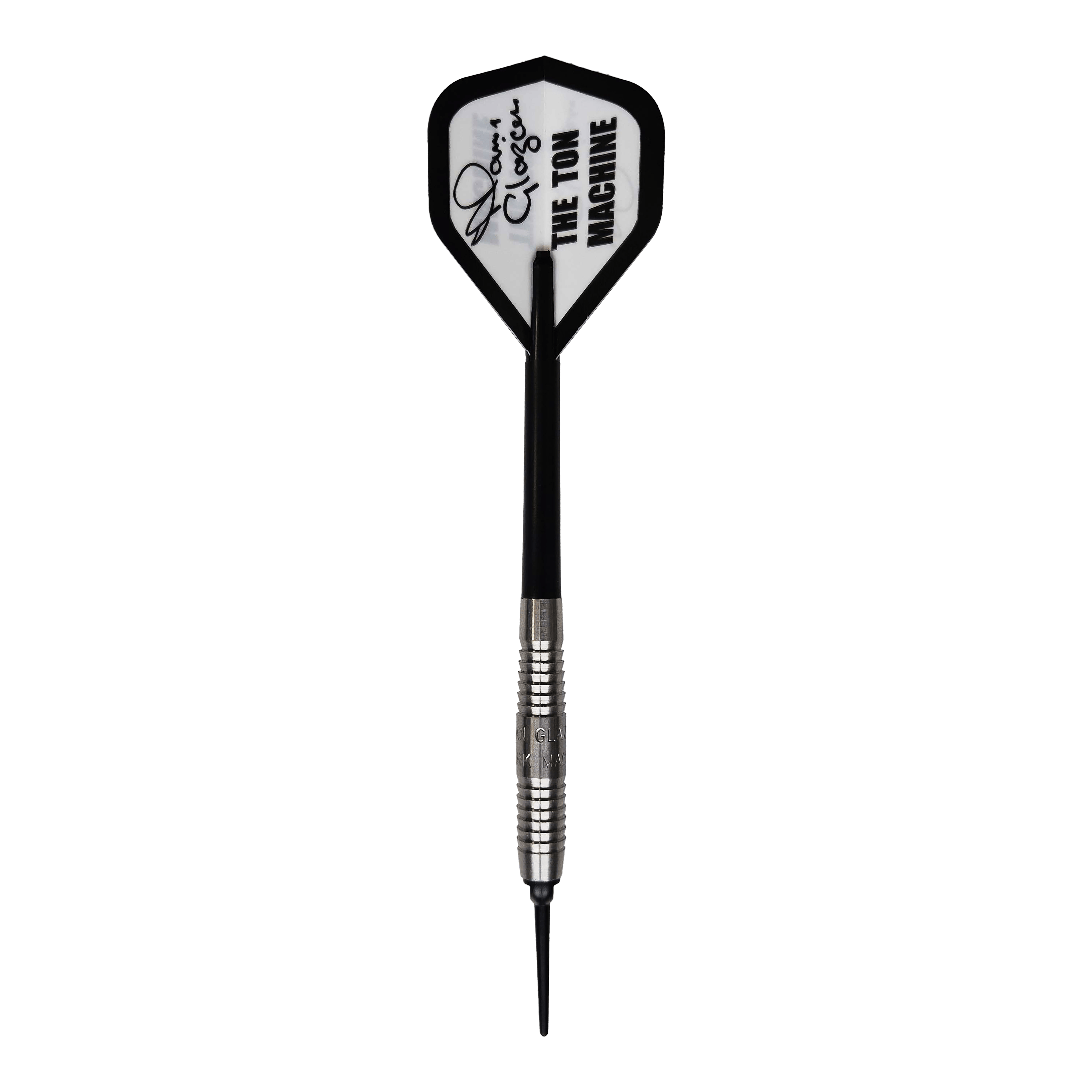 Auf dem Bild ist ein McKicks Alam Glazier Shark Machine Softdart zu sehen. Der Dartpfeil hat eine silberne Metallspitze und einen Flight mit der Aufschrift "THE TON MACHINE".
