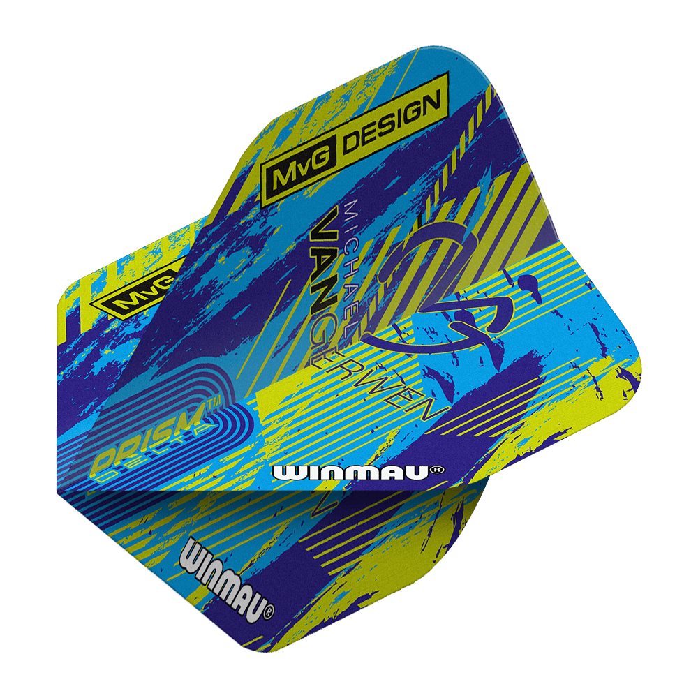 Winmau Delta Michael Van Gerwen Prism 04 Standard Flights Das Bild zeigt die Winmau Delta Michael Van Gerwen Prism 04 Standard Flights. Das Design ist bunt mit blauen, gelben und violetten Akzenten sowie dem Schriftzug „MvG DESIGN“ und „Winmau“.