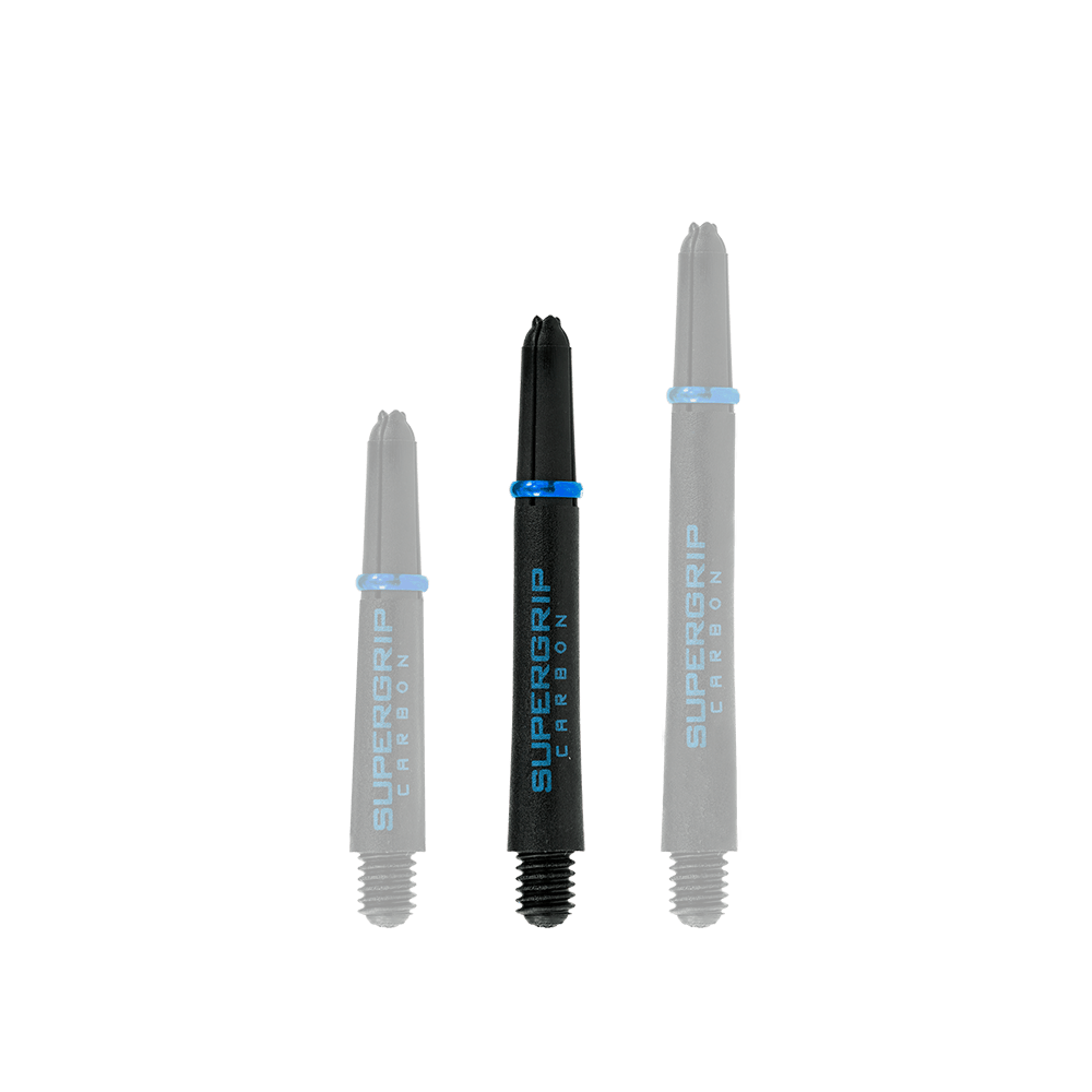 HR364_Harrows_Supergrip_Carbon_Shafts_Aqua_40mm_1 Das Bild zeigt drei Harrows Supergrip Carbon Shafts in der Farbe Aqua. Die Shafts sind unterschiedlich lang und haben schwarze Körper mit blauer Beschriftung.