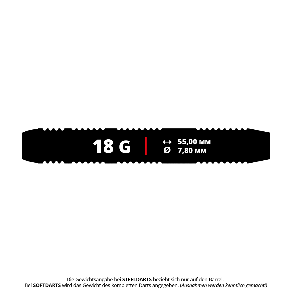 Target Josh Rock Brass Soft Darts - 18g Das Bild zeigt einen Target Josh Rock Brass Softdart mit einem Gewicht von 18 Gramm. Die Länge beträgt 55,00 mm und der Durchmesser 7,80 mm.