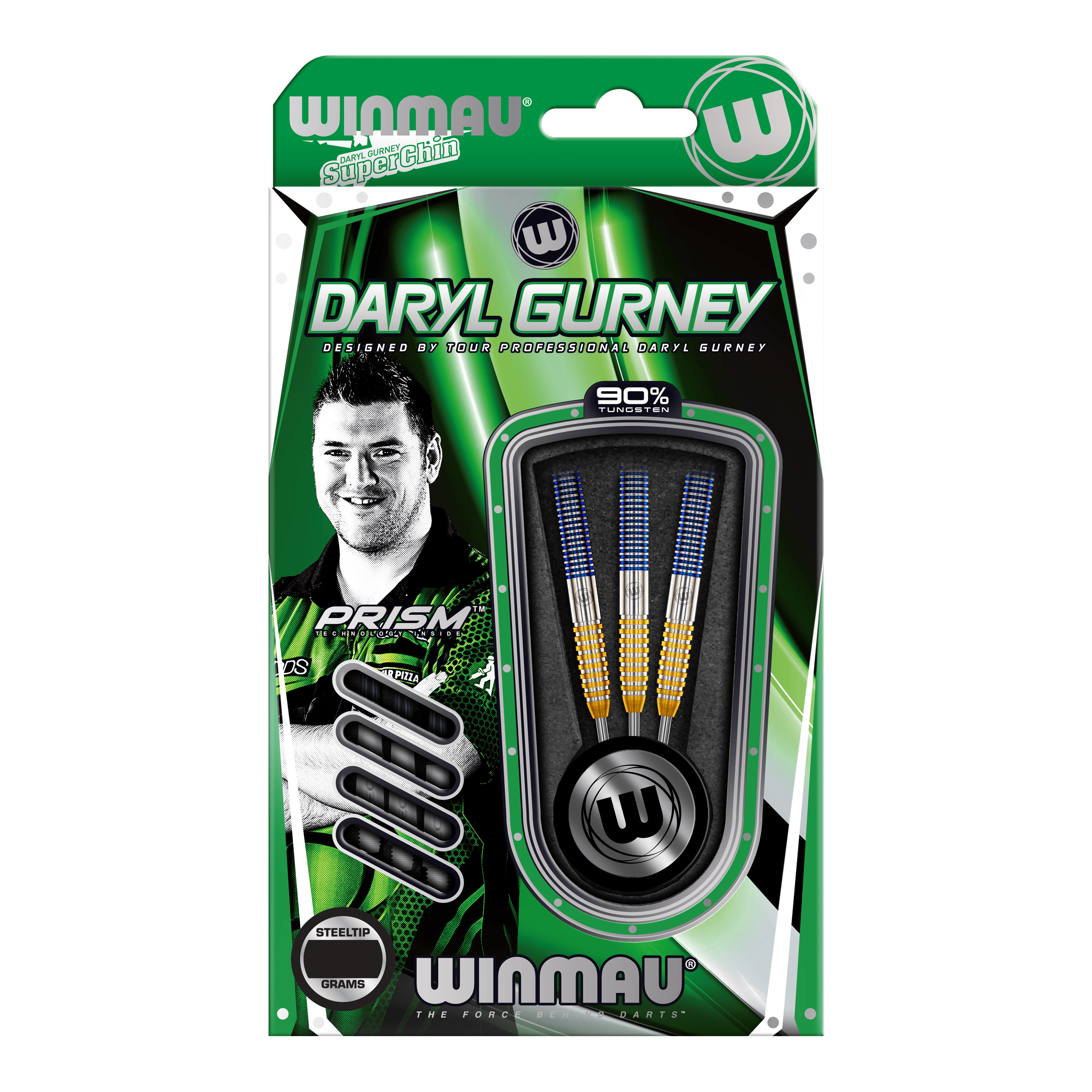 Winmau Daryl Gurney SC 1.0 Series Steeldarts - 23g Das Bild zeigt die Winmau Daryl Gurney SC 1.0 Series Steeldarts mit einem Gewicht von 23 Gramm in der Verpackung. Auf der Verpackung ist ein Porträt von Daryl Gurney sowie die drei enthaltenen Darts zu sehen.