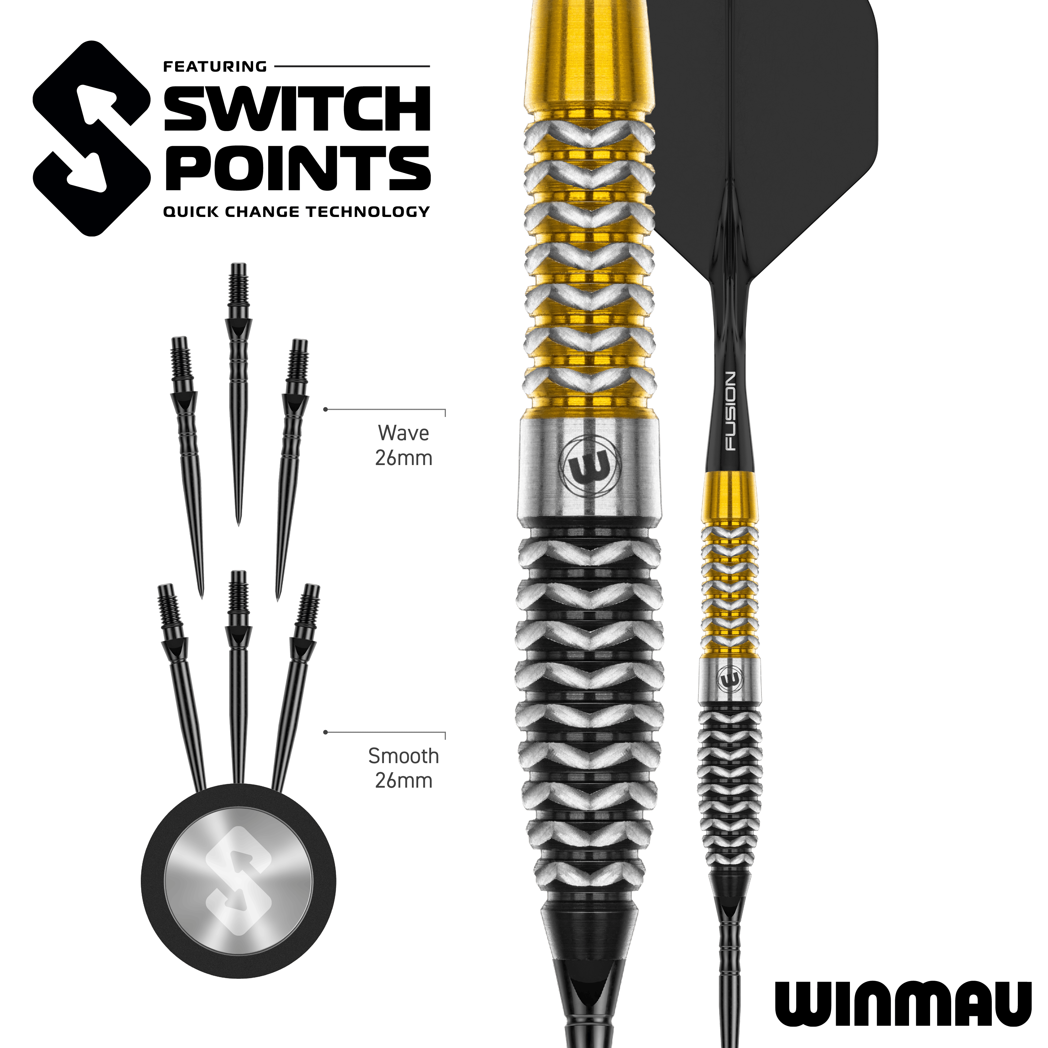 Das Bild zeigt vermutlich einen Winmau Exion Torpedo Switch Points Steeldarts aus einer anderen Perspektive. Es handelt sich um ein Produkt speziell für den Dartsport.