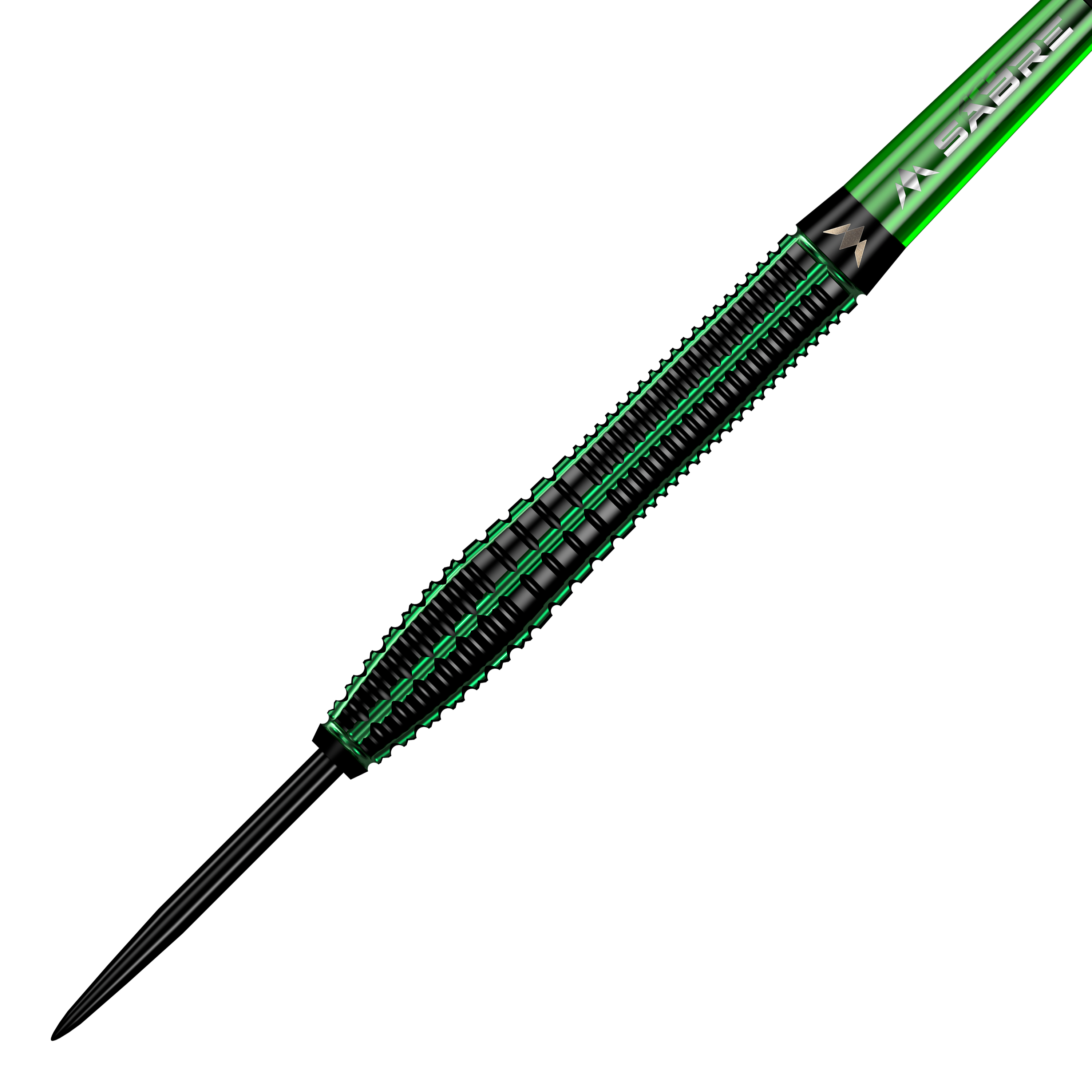 Mission Venom steel darts Das Bild zeigt einen Mission Venom Steeldart mit einem schwarzen und grünen Design. Der Dartpfeil hat eine schlanke Form und auffällige grüne Akzente entlang des Schafts.