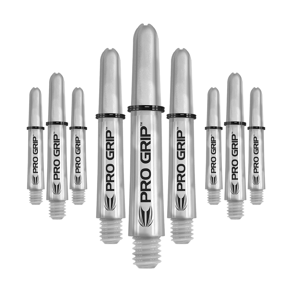 Target Pro Grip Shafts - 3 Sets - Transparent Das Bild zeigt neun transparente Dartschäfte mit der Aufschrift "Pro Grip". Sie sind in drei Reihen angeordnet, wobei die mittleren Schäfte am größten sind.