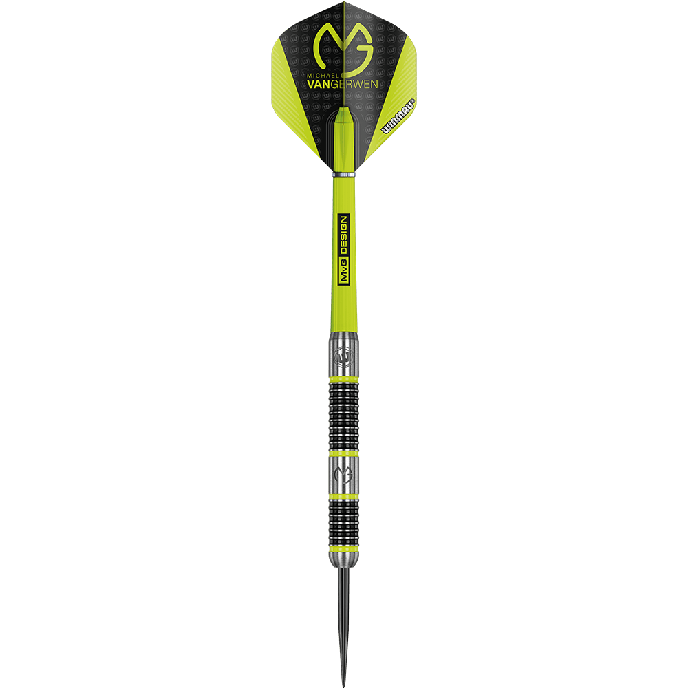 1444_Winmau_Michael_Van_Gerwen_MvG_Aspire_Steeldarts_1Nil84yDfIlUFW Das Bild zeigt einen "Winmau Michael Van Gerwen MvG Aspire Steeldart". Der Dart ist gelb und schwarz gestaltet und trägt das MvG-Logo.
