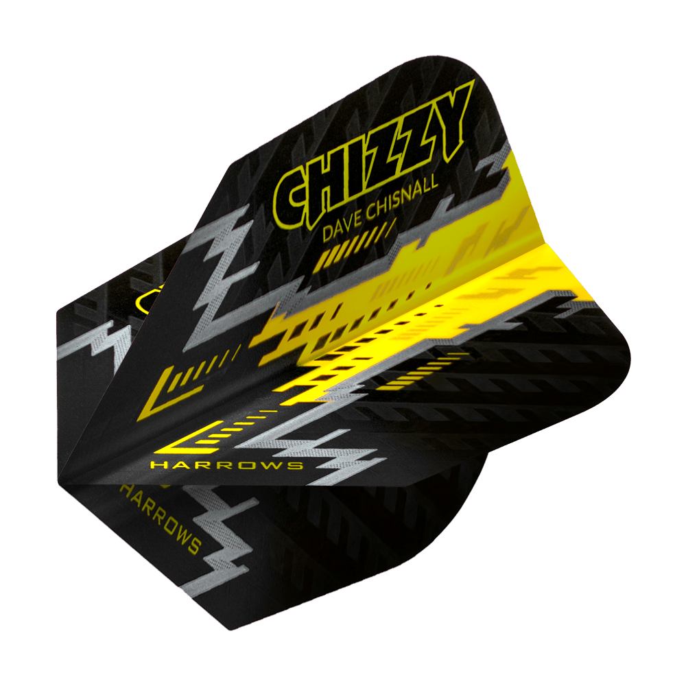 Das Bild zeigt ein Dartflight mit schwarzem, gelbem und silbernem Design. Auf dem Flight steht "Chizzy Dave Chisnall" sowie "Harrows".