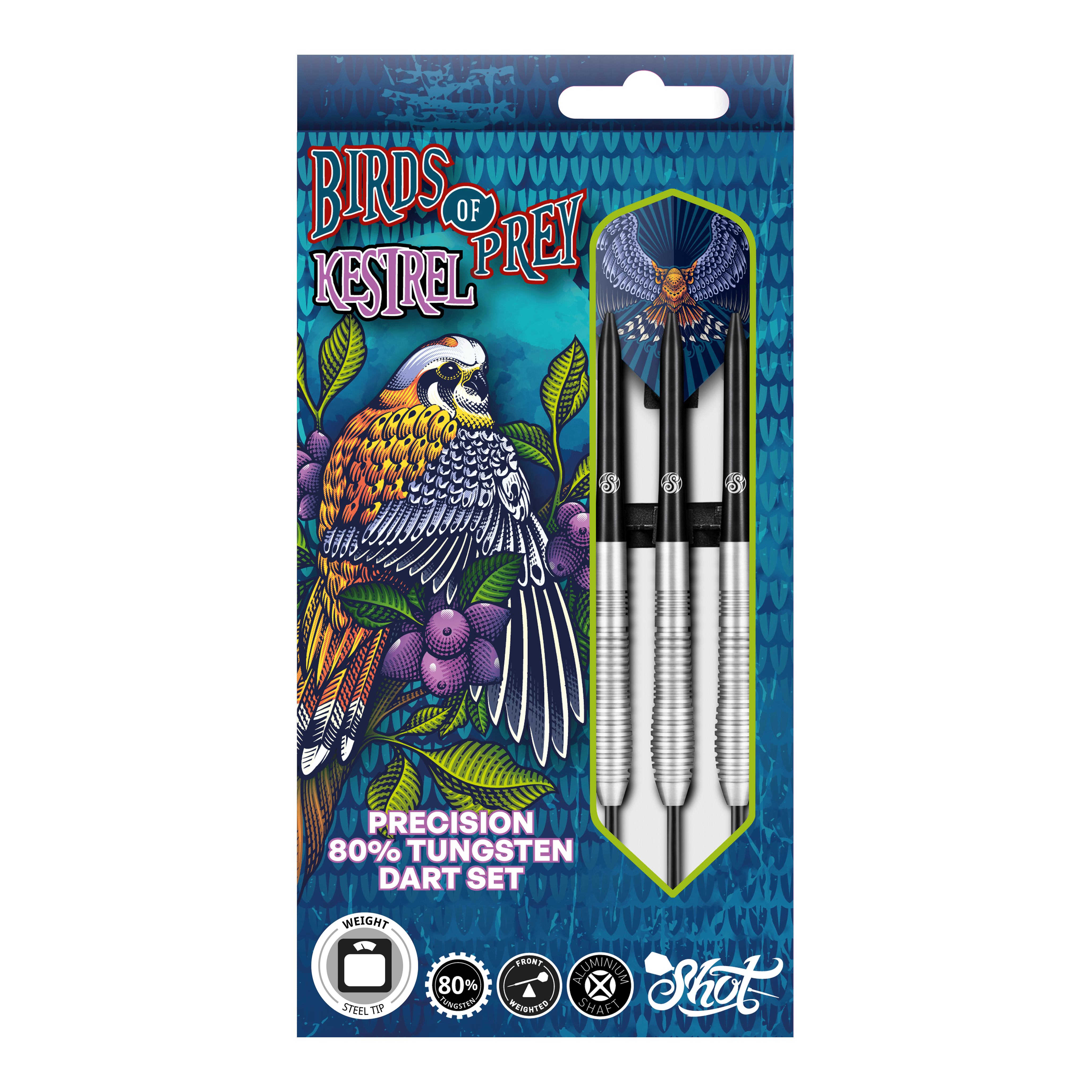 Shot Birds Of Prey Kestrel Steel Darts Das Bild zeigt die Verpackung der "Shot Birds Of Prey Kestrel Steeldarts". Auf der Verpackung ist ein bunter Vogel abgebildet, und die Darts bestehen aus 80% Tungsten.
