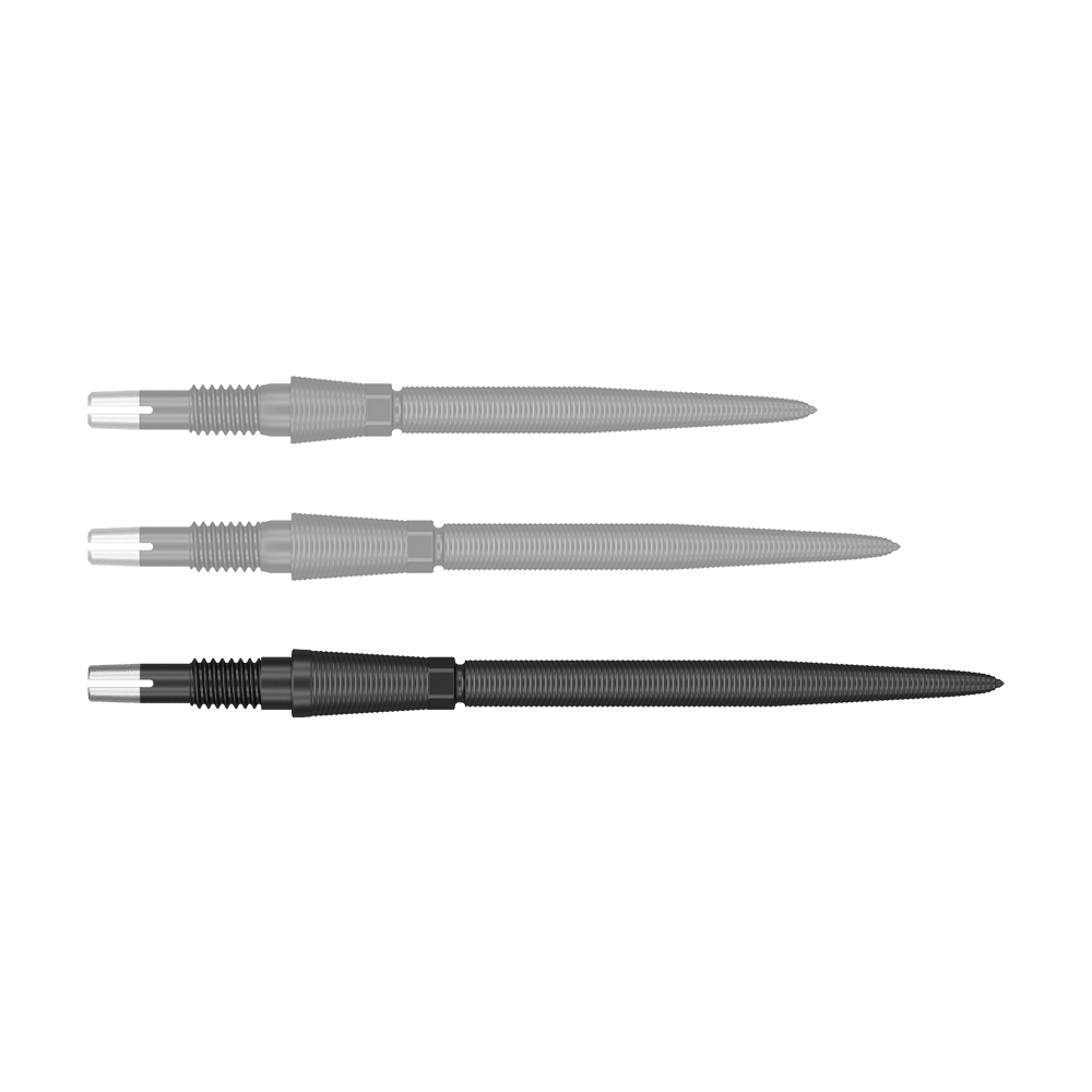 Target Swiss Storm Nano Point Dartspitzen - Schwarz Das Bild zeigt drei schwarze Dartspitzen mit silbernen Enden, die nebeneinander liegen. Die Spitzen sind lang, schmal und haben eine geriffelte Struktur.