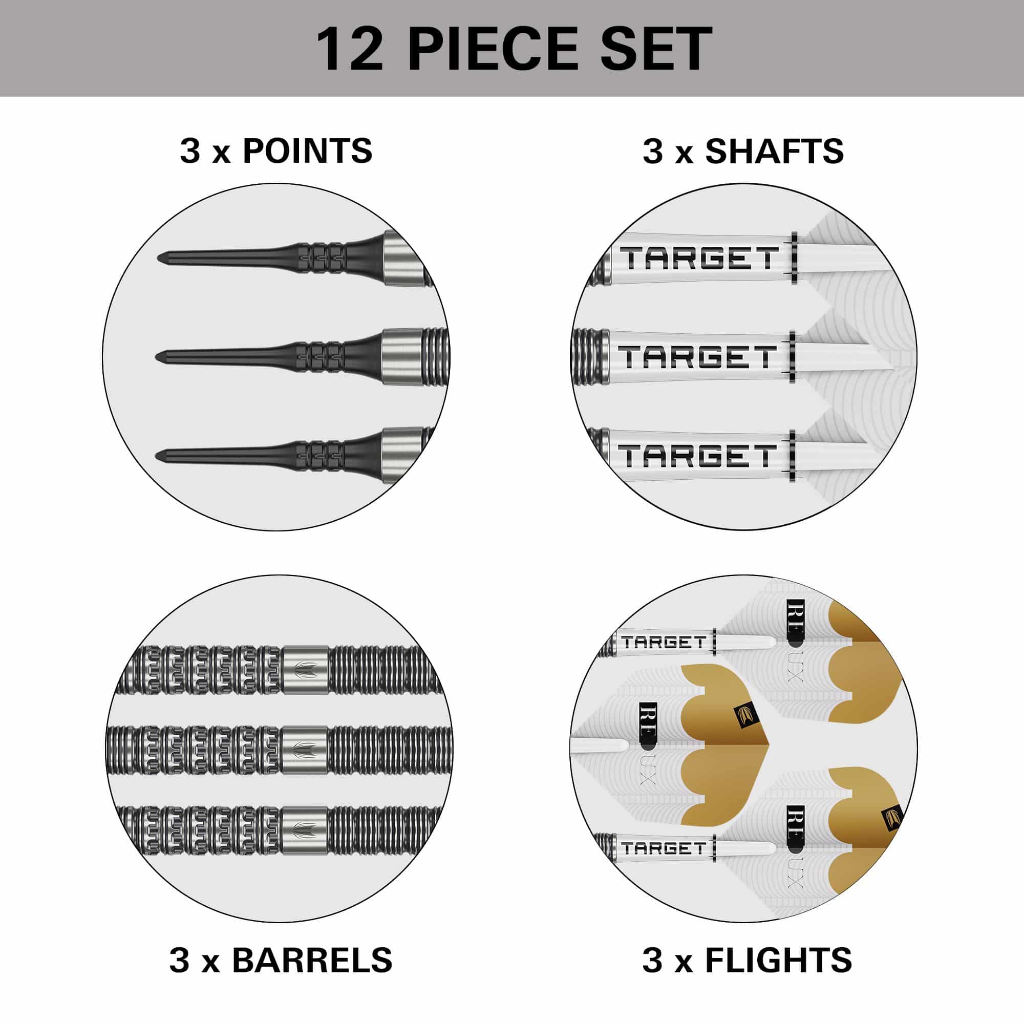 Target Redux 10 soft darts - 18g Das Bild zeigt Target Redux 10 Softdarts - 18g. Die Softdarts sind von der Seite dargestellt.