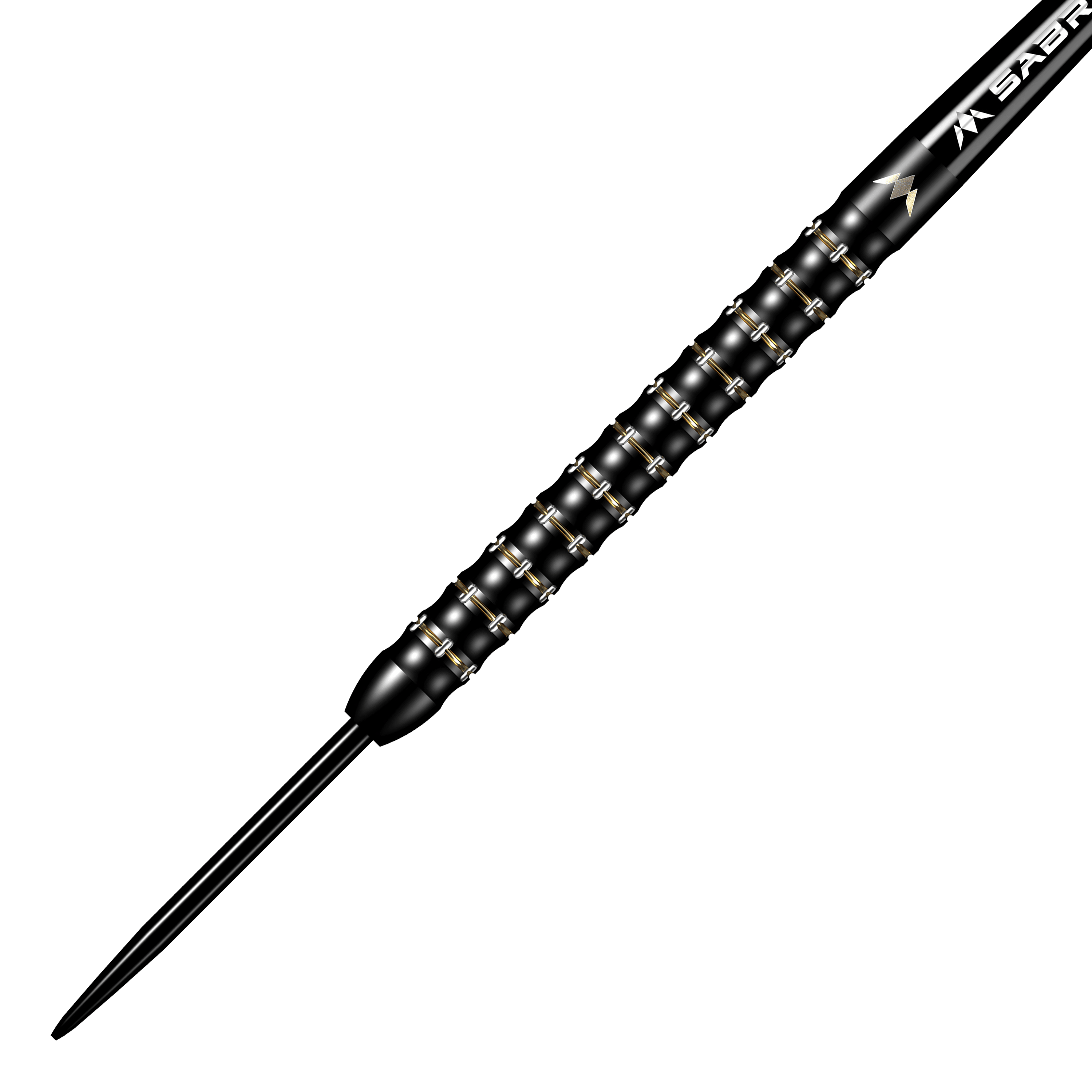 Das Bild zeigt den Mission Mike De Decker MDD Black Gold Steeldart. Der Dartpfeil ist überwiegend schwarz mit goldenen Akzenten und hat ein strukturiertes Griffdesign.