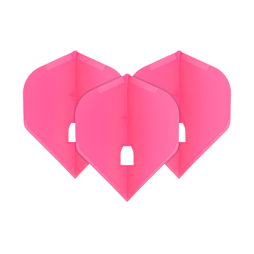 L-Style Champagne L1PRO Flights Das Bild zeigt drei pinke Dartflights in einer Standardform. Sie sind ordentlich nebeneinander angeordnet.