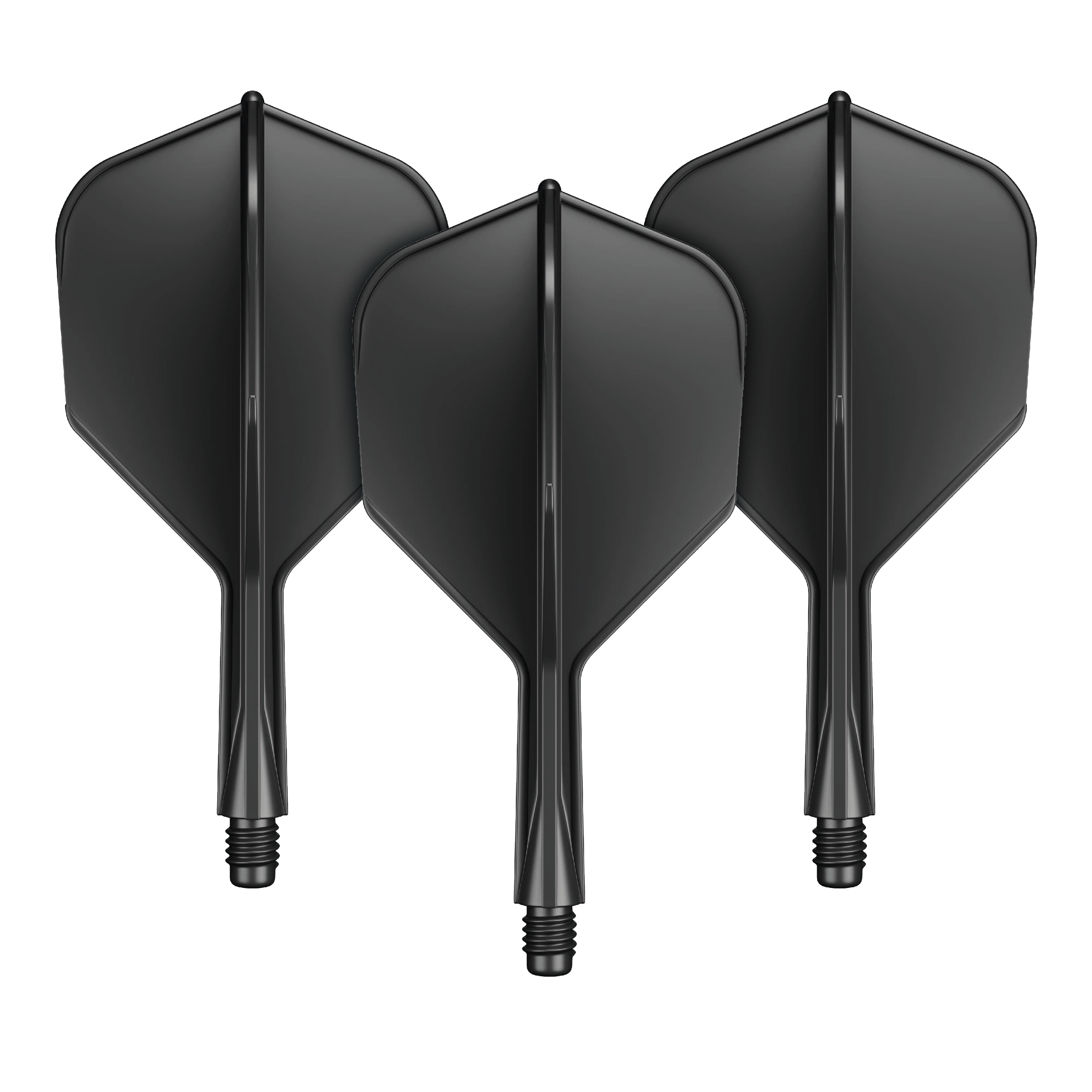 GOAT A1R No6 Flight Shaft System - Black Das Bild zeigt drei schwarze Dart-Flights mit integriertem Shaft. Sie sind nebeneinander angeordnet und verfügen über einen kurzen Schaft mit Schraubgewinde.