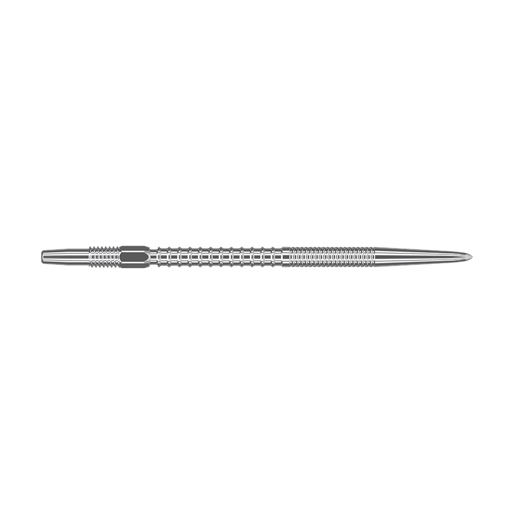 Target Swiss Firepoint Silver dart tips Das Bild zeigt eine silberne Dartspitze mit einem gerillten, strukturierten Design. Sie ist lang und schmal, mit einer spitzen Spitze am rechten Ende.