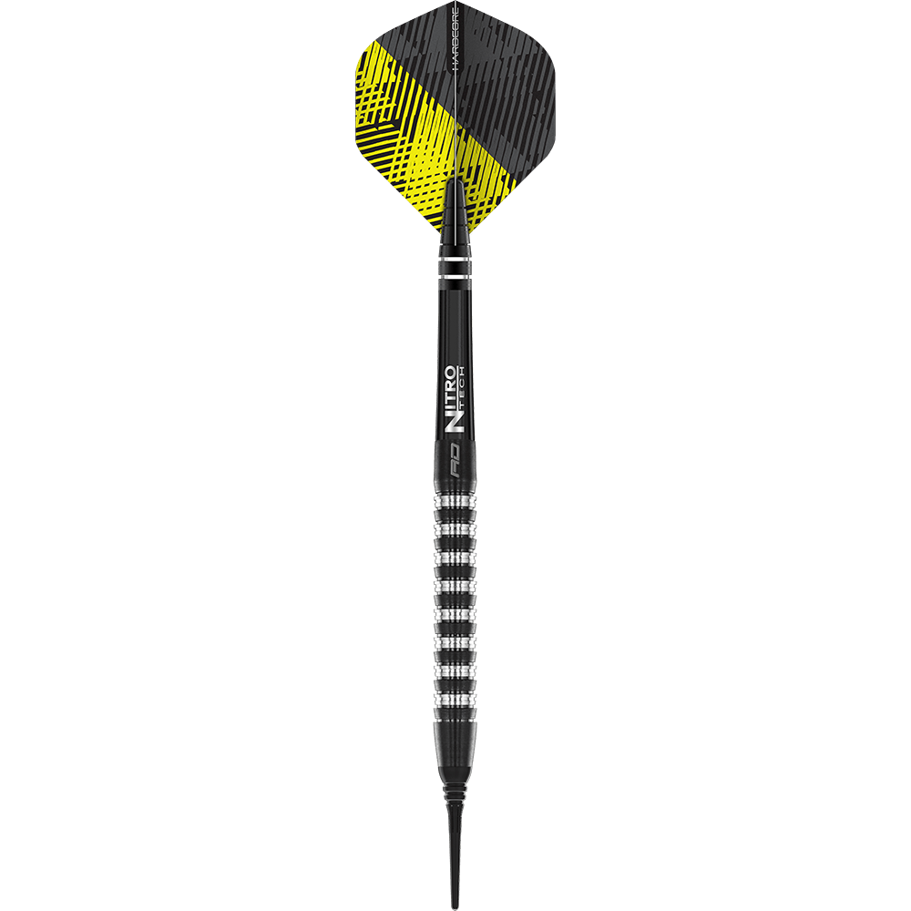 RD2535_Red_Dragon_Razor_Edge_Elite_Softdarts_1aABaYcQqjglgN Das Bild zeigt einen Red Dragon Razor Edge Elite Softdart mit einem Gewicht von 20 Gramm. Der Dartpfeil hat ein schwarzes und silbernes Design mit einem strukturierten Griff.