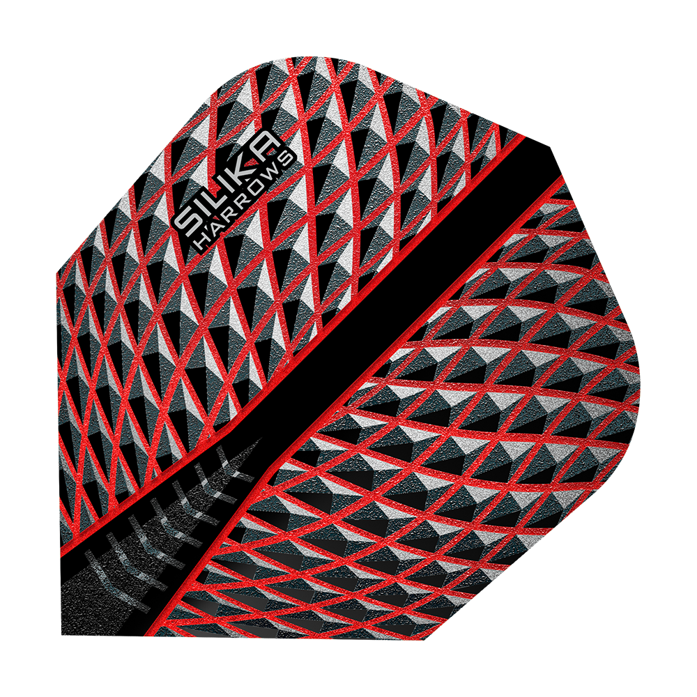 HR80_Harrows_Silika_Red_No6_Flights_1bnefdF3ncO2HY Das Bild zeigt das Produkt "Harrows Silika Red No6 Flights". Das Flight-Design ist überwiegend rot, schwarz und silber mit einem geometrischen Muster.