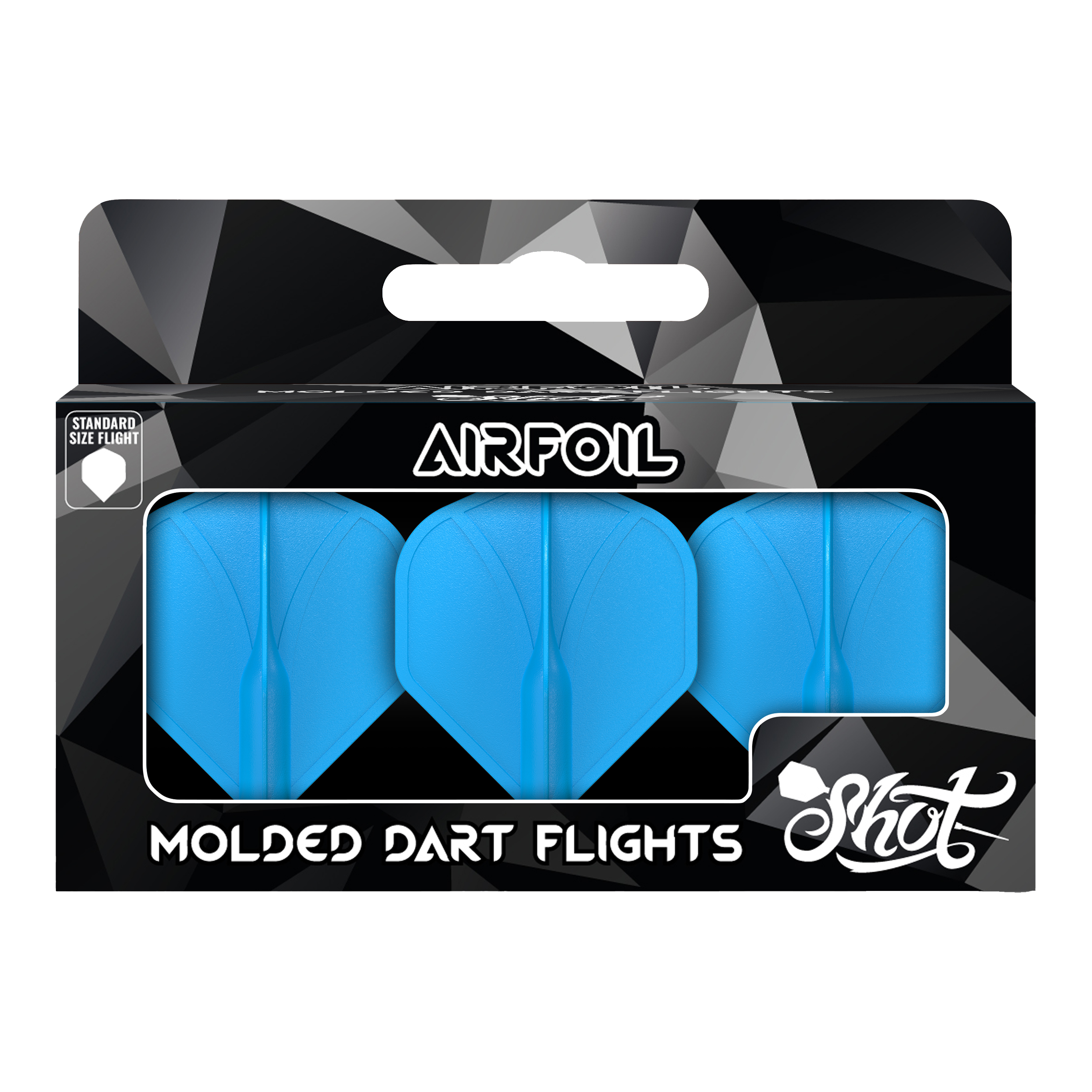 Das Bild zeigt eine Packung mit drei blauen, geformten Dart-Flights der Marke Shot. Auf der Verpackung steht "Airfoil" und "Molded Dart Flights".