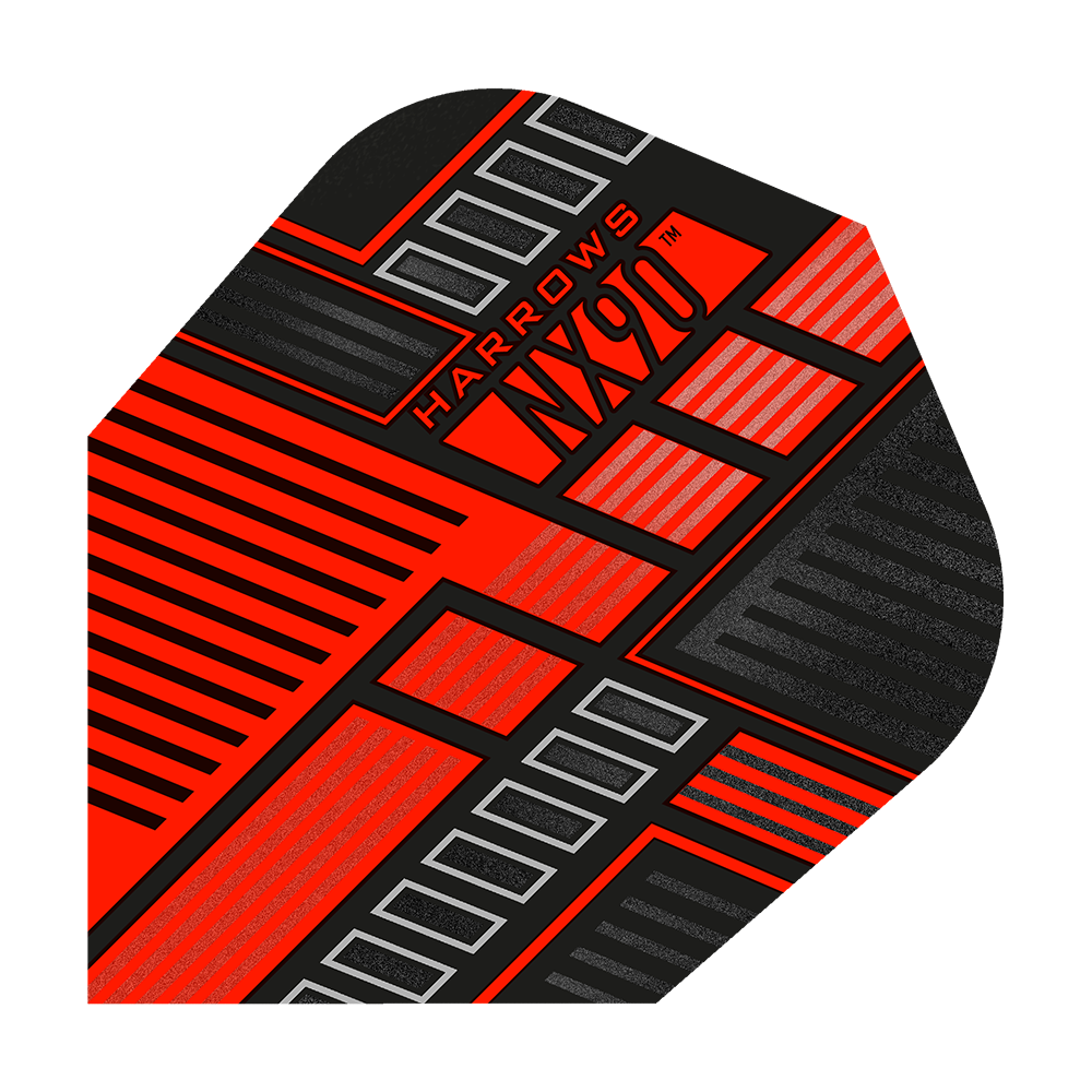HR50_Harrows_Prime_NX90_Red_No6_Flights_1WTmEENJXMvftC Dies ist ein Harrows Prime NX90 Red Flight für Darts. Das Flight hat ein auffälliges, modernes Design in Rot und Schwarz mit Linien- und Rechteckmustern.