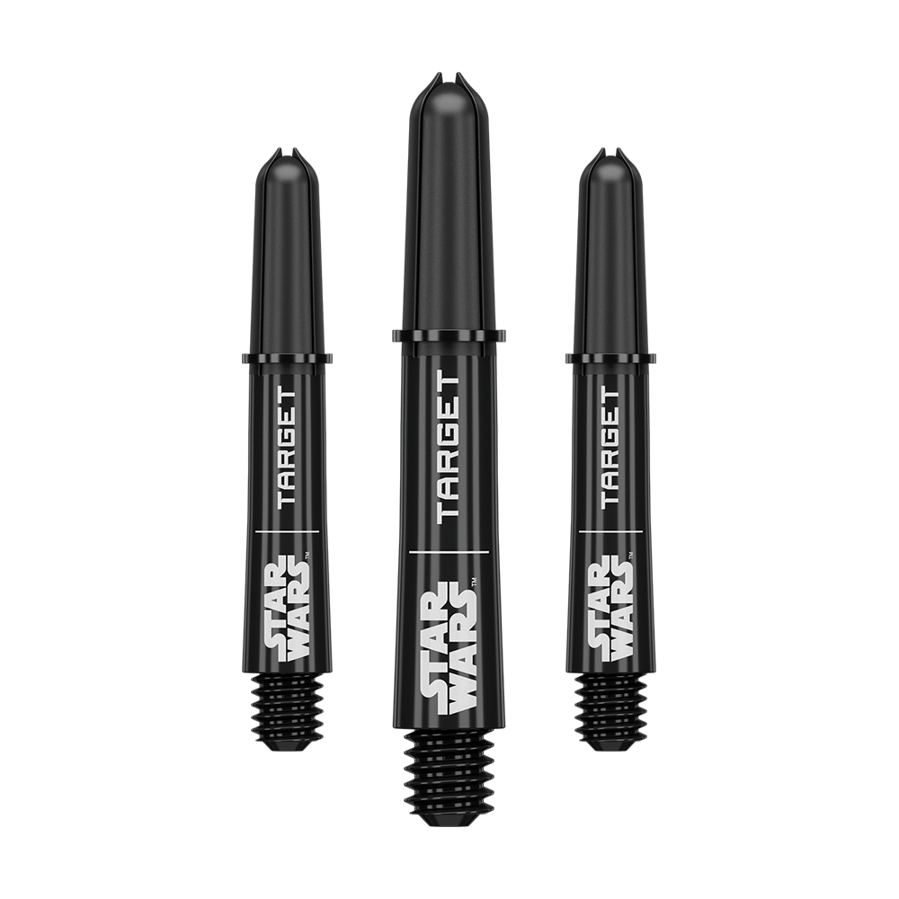 Target Star Wars ProGrip Shafts - Black Abgebildet ist das Produkt mit dem Dateinamen 380420_Target_StarWars_ProGrip_Shafts_Schwarz_Short_34mm_1Set. Vermutlich handelt es sich um schwarze ProGrip Shafts für Darts, Modell Star Wars, in kurzer Ausführung.
