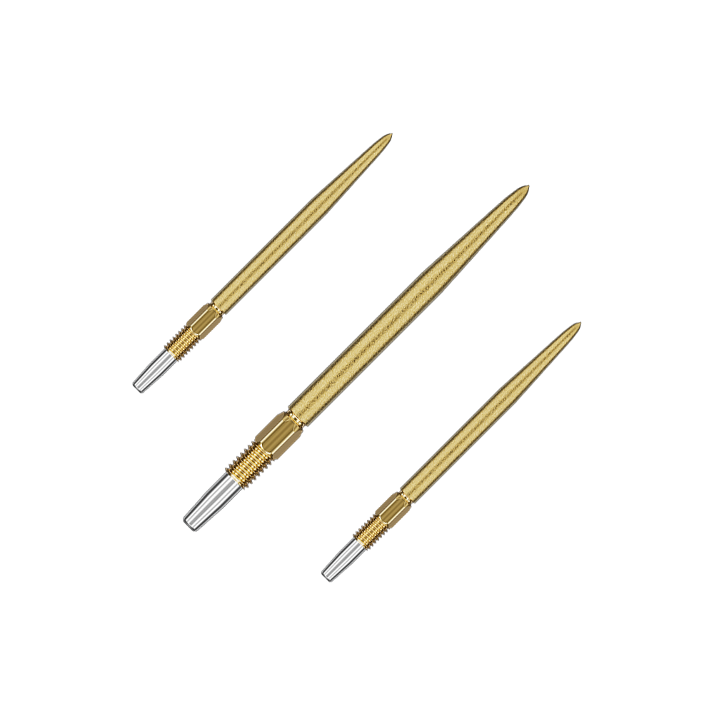 Target Swiss Point SLK dart tips - gold Das Bild zeigt drei goldfarbene Dartspitzen, die nebeneinander liegen. Die Spitzen haben ein schlankes, glänzendes Design mit silbernen Enden.