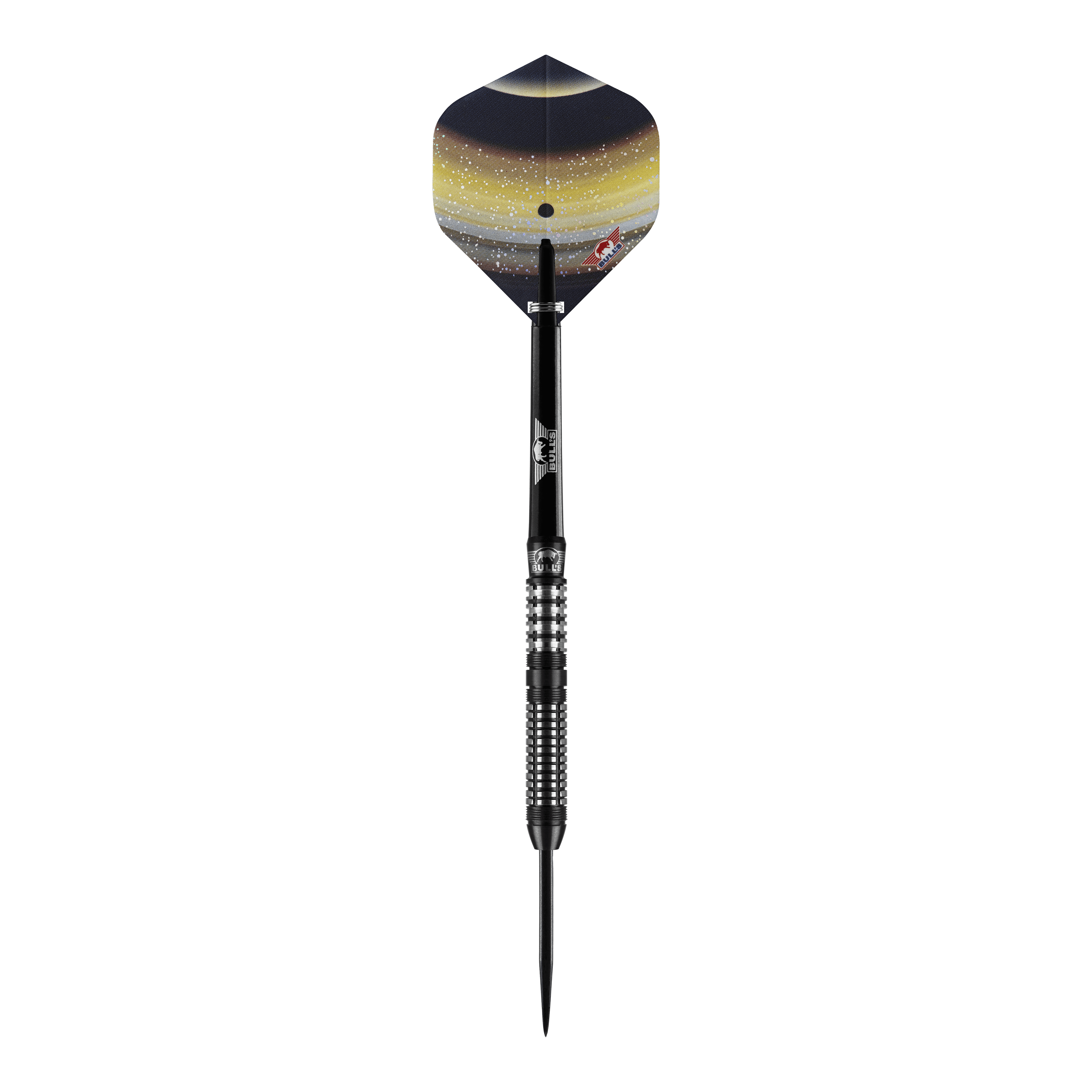 Bulls NL Luna Neoma steel darts Das Bild zeigt einen Bulls NL Luna Neoma Steeldart. Der Dart hat einen schwarz-silbernen Schaft und eine Flügel mit gelb-schwarzem Weltraumdesign.