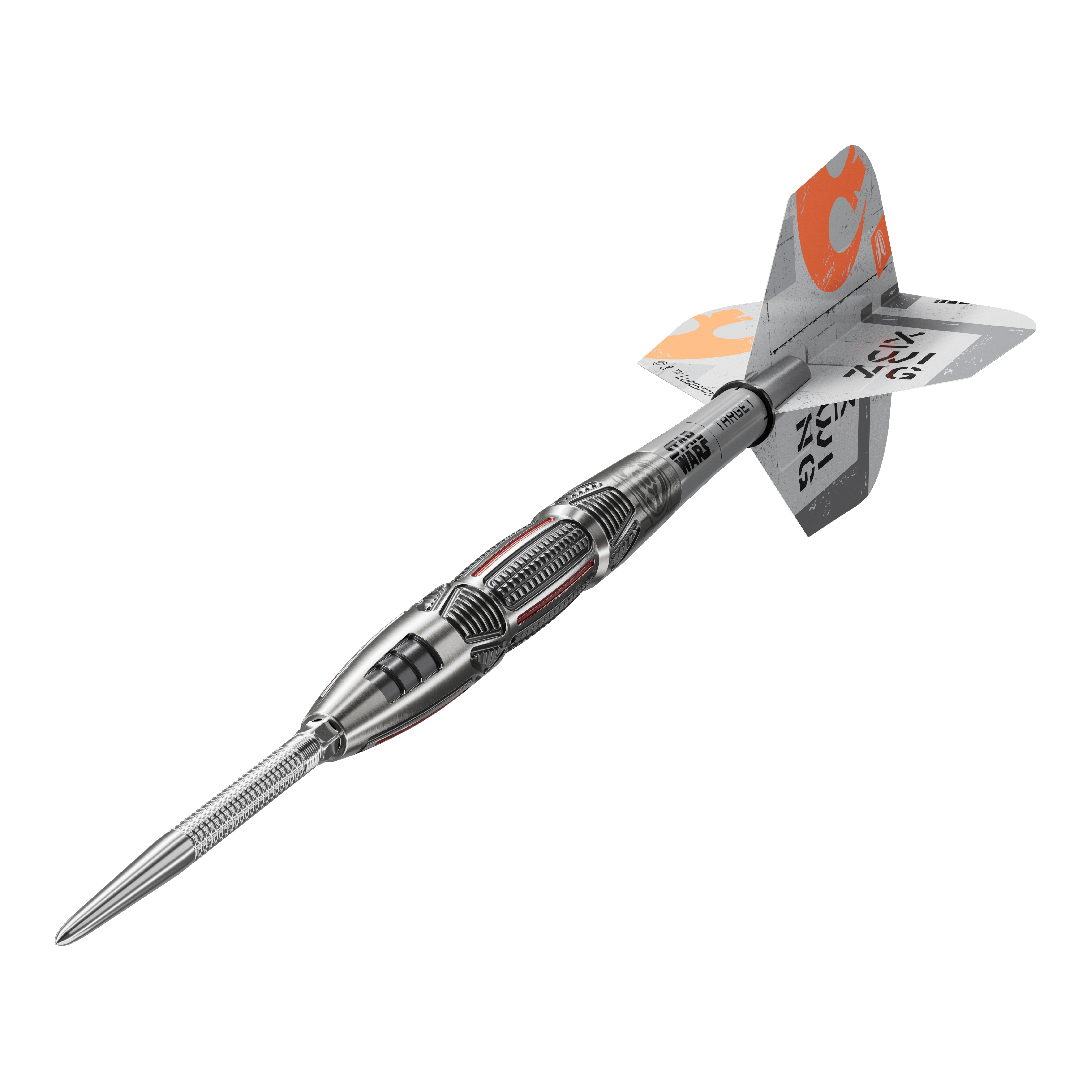 Target Star Wars X-Wing Swiss Point Steeldarts sind hochwertige Steeldarts mit X-Wing-Design. Das Bild zeigt die Darts aus einer Detailperspektive.