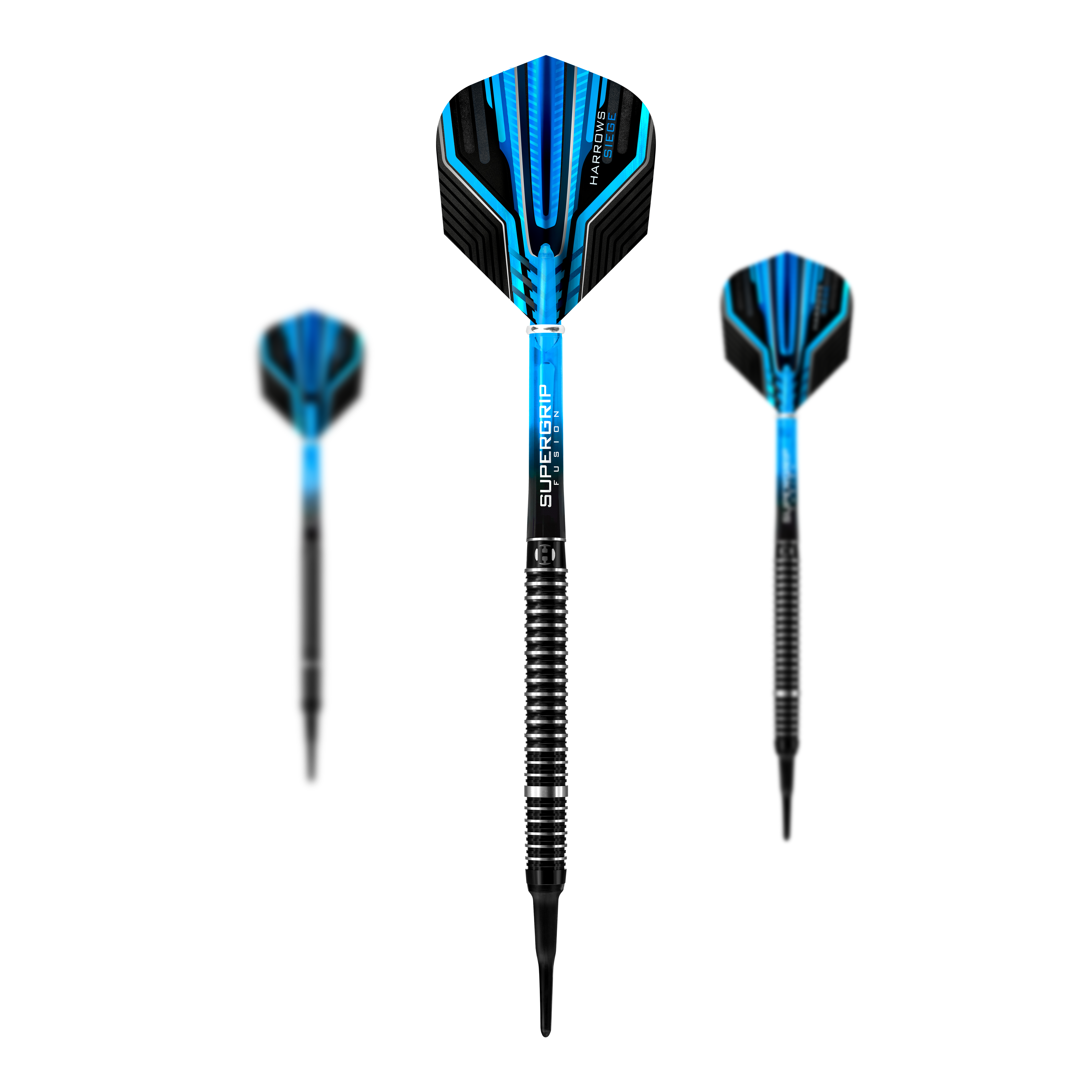 Harrows Siege Softdarts Das Bild zeigt drei Softdarts des Modells "Harrows Siege" mit blauen und schwarzen Flights. Die Spitzen sind schwarz und die Schächte haben ein silber-schwarzes Ringmuster für besseren Halt.