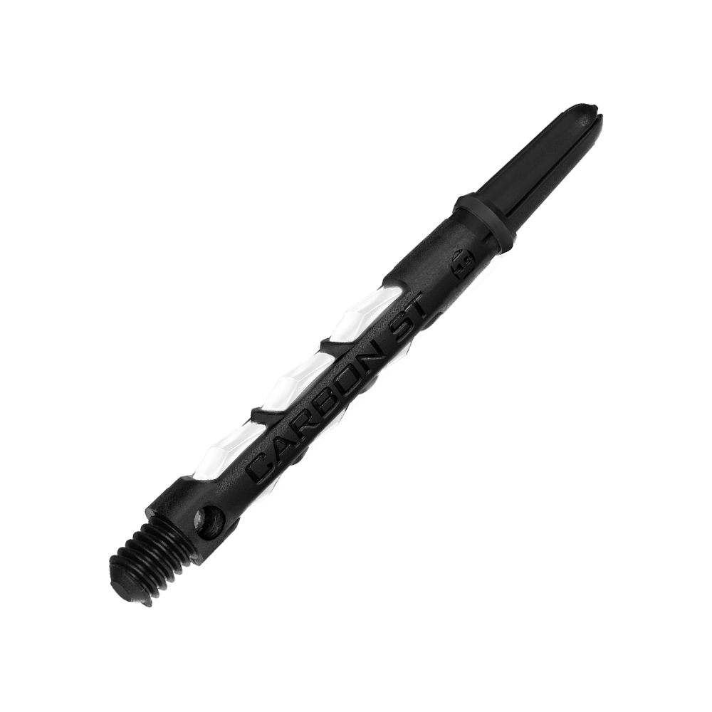 HR439_Harrows_Carbon_ST_Shafts_Weiss_47mm_2GA9n5Dn9FdsKb Auf dem Bild ist ein Harrows Carbon ST Shafts in Weiß zu sehen. Der Schaft ist schwarz mit weißen Akzenten und besteht aus robustem Material.