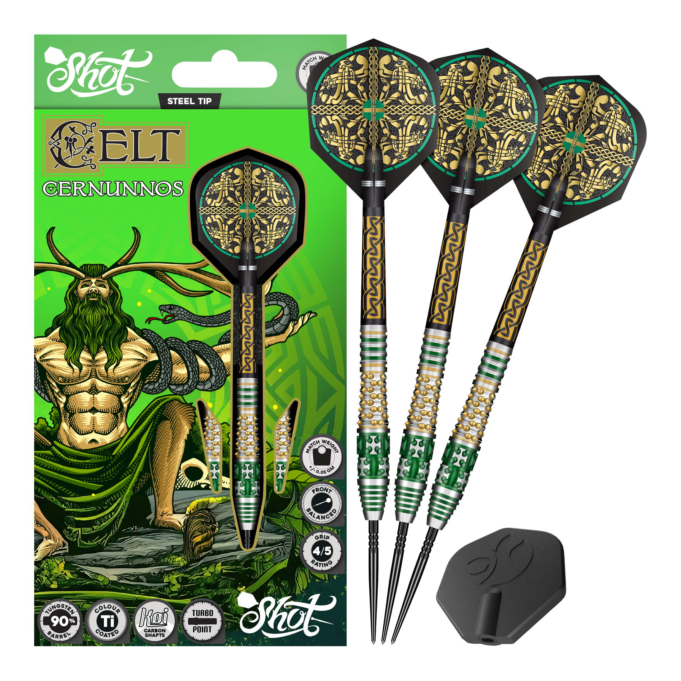 Das Produktfoto zeigt mehrere Shot Celt Cernunnos TurboPoints Steeldarts. Die Darts sind als Gruppe abgebildet.