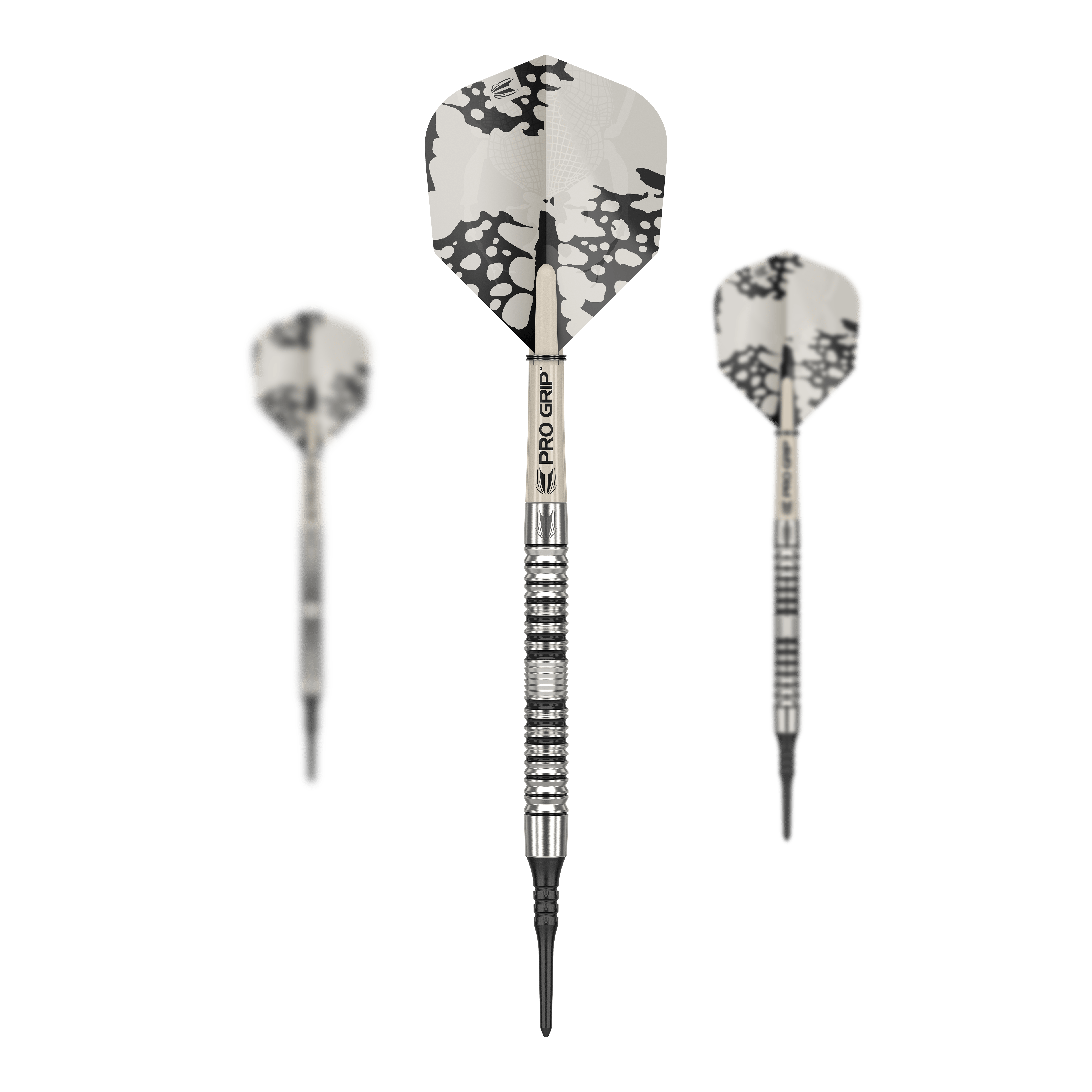 Target EXO 10 Soft Darts Das Bild zeigt drei Target EXO 10 Softdarts mit silbernen Schäften und schwarz-weißen Flights. Die Darts haben eine strukturierte Griffzone und sind für Präzision im Spiel ausgelegt.