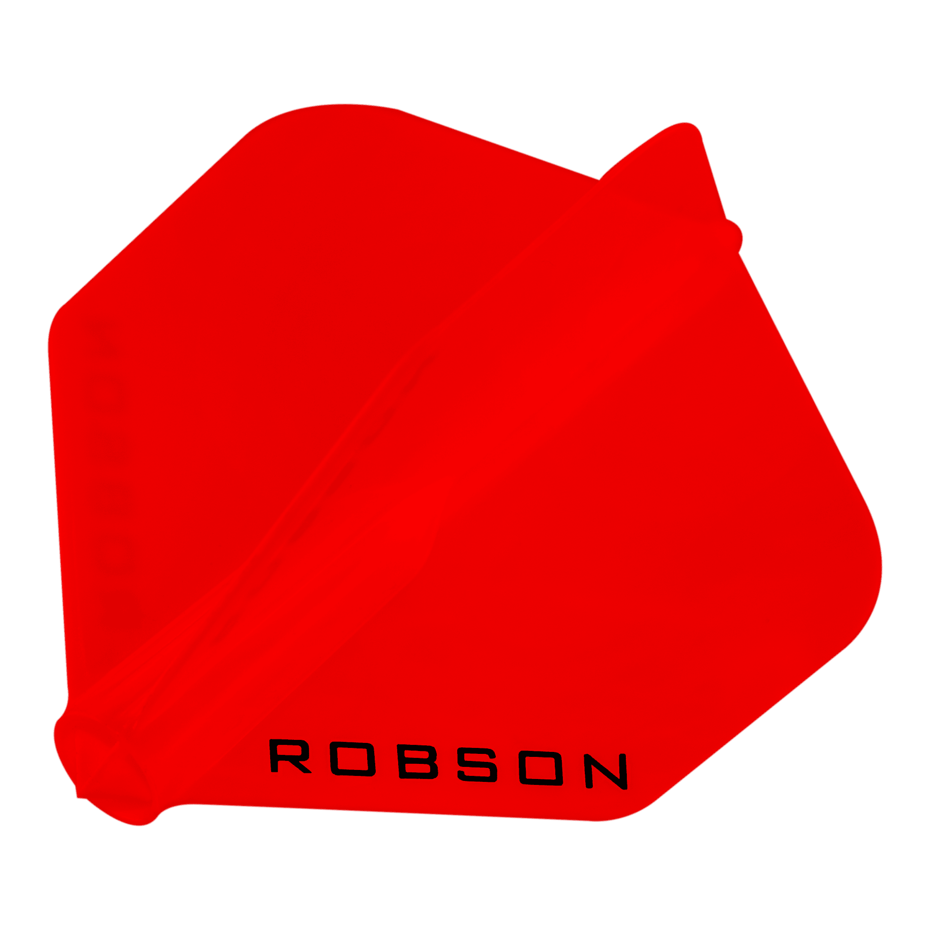 Das Bild zeigt einen roten Dartflight mit der Aufschrift "ROBSON". Der Flight hat eine sechseckige Form und ist komplett rot gefärbt.