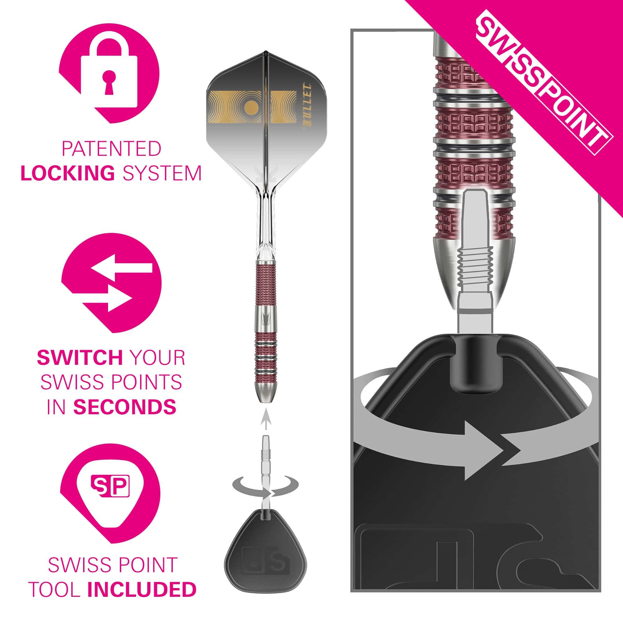 Target Stephen Bunting 95K Swiss Point Steel Darts Das Bild zeigt die Target Stephen Bunting 95K Swiss Point Steeldarts mit einem patentierten Verriegelungssystem. Mit dem beiliegenden Swiss Point Tool lassen sich die Spitzen in wenigen Sekunden wechseln.