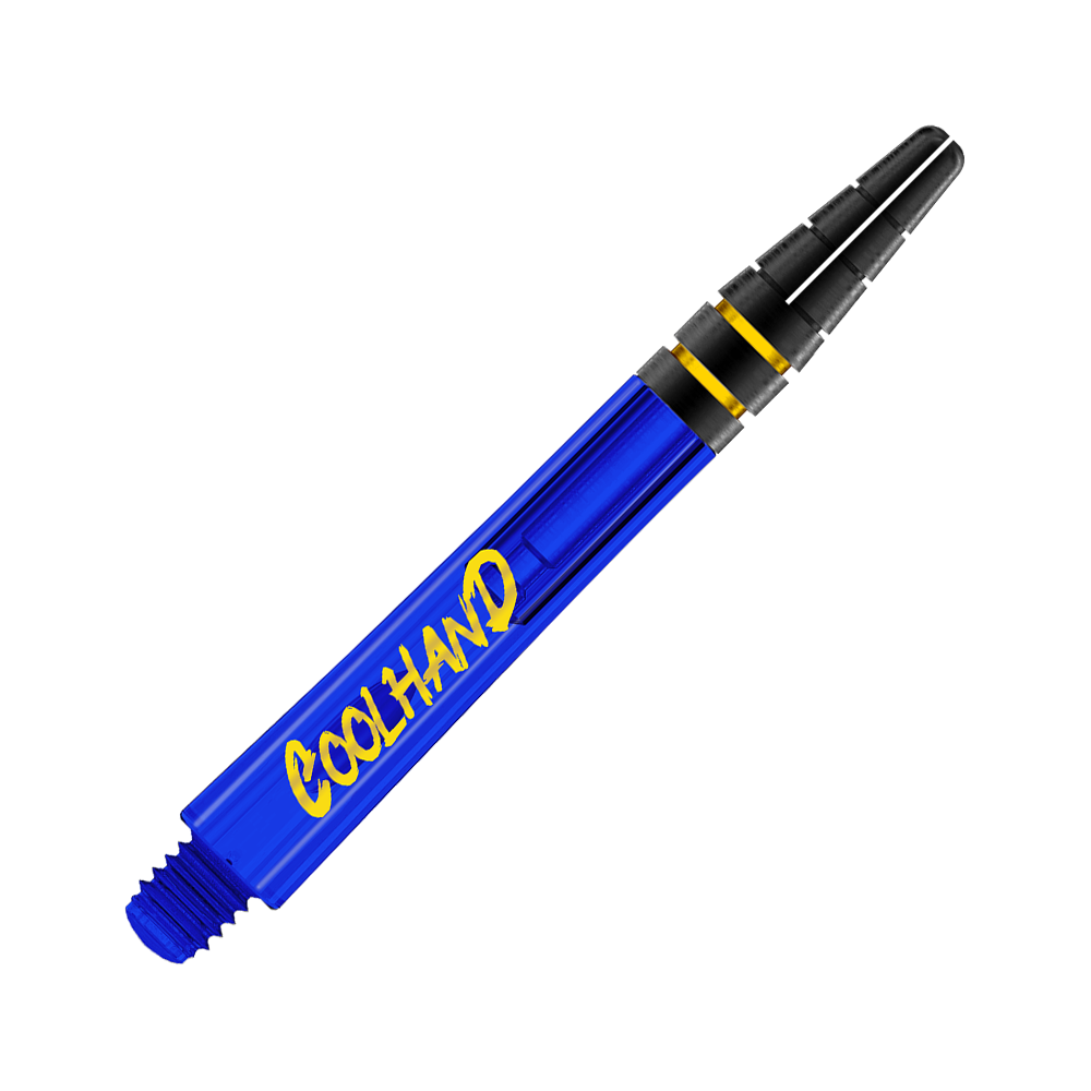Das Bild zeigt einen blauen Dart-Schaft mit der gelben Aufschrift "COOLHAND". Der obere Teil des Schafts ist schwarz mit zwei goldenen Ringen.