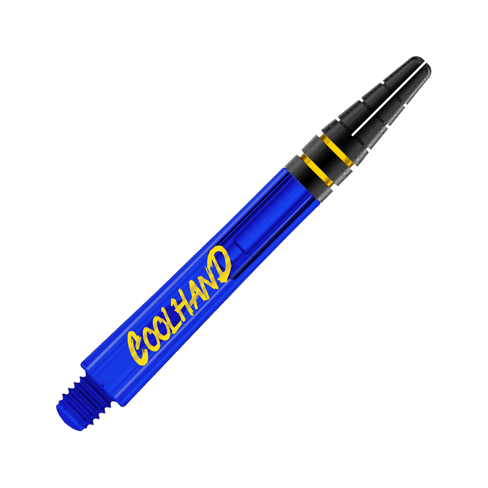 Red Dragon Nitrotech Luke Humphries Coolhand Shafts - Blue Das Bild zeigt einen blauen Dart-Schaft mit der gelben Aufschrift "COOLHAND". Der obere Teil des Schafts ist schwarz mit zwei goldenen Ringen.