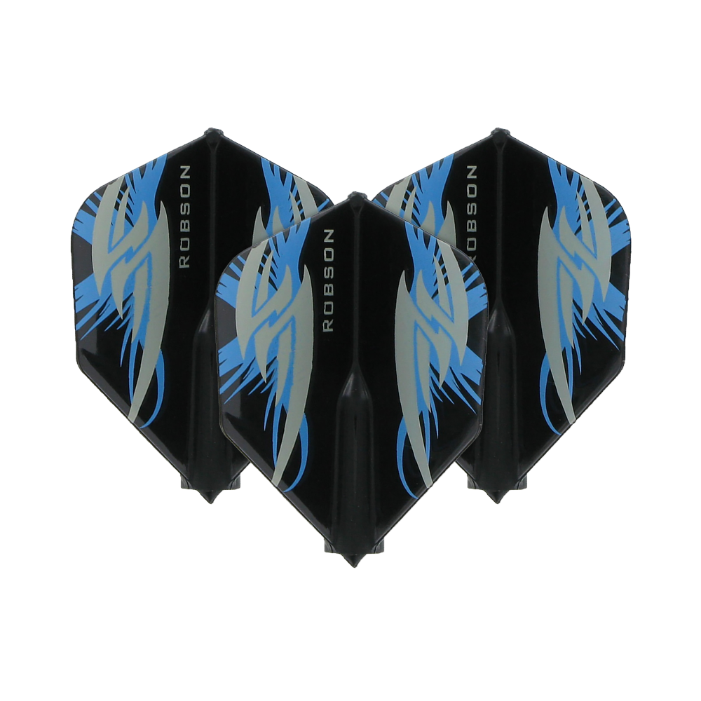 Robson Plus Flights Standard Argo Black Das Bild zeigt drei schwarze Dart-Flights der Marke Robson Plus mit blauen und grauen Mustern. Auf jedem Flight steht seitlich der Schriftzug "ROBSON".