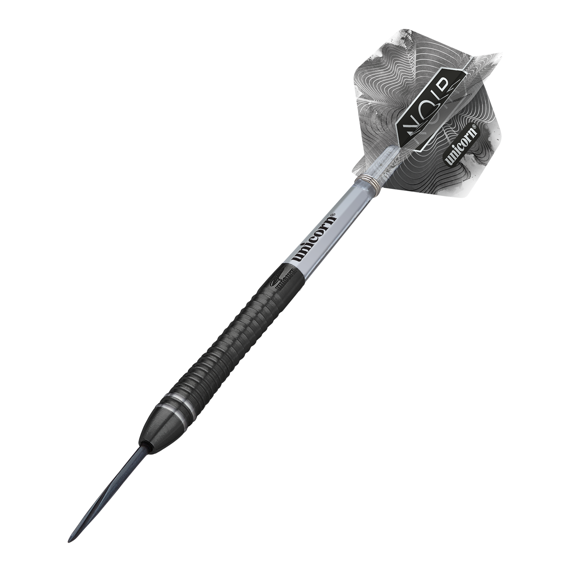 Unicorn World Champion Gary Anderson Noir Phase 6 Steeldarts Das Bild zeigt einen Steeldart aus der Produktreihe „Unicorn World Champion Gary Anderson Noir Phase 6“. Der Dart hat ein modernes, schwarzes Design mit silbernen Akzenten und individuell gestaltetem Flight.