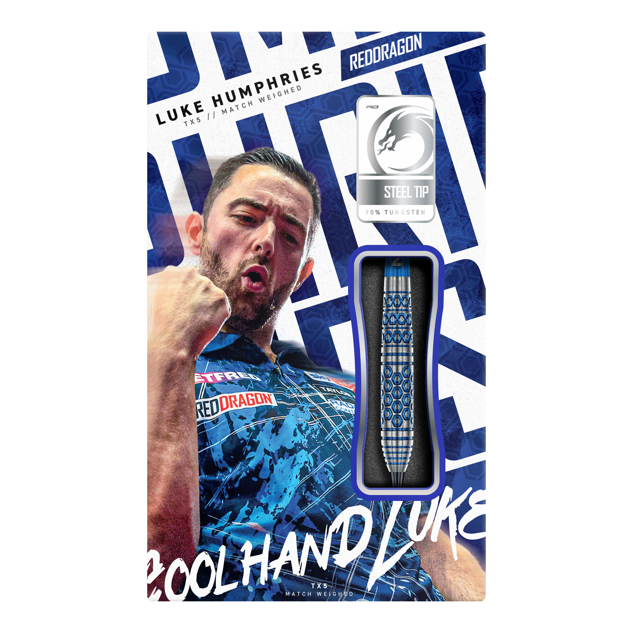 Red Dragon Luke Humphries TX5 steel darts Gezeigt werden die Red Dragon Luke Humphries TX5 Steeldarts. Das Foto stellt die Steeldarts aus einer weiteren Perspektive dar.