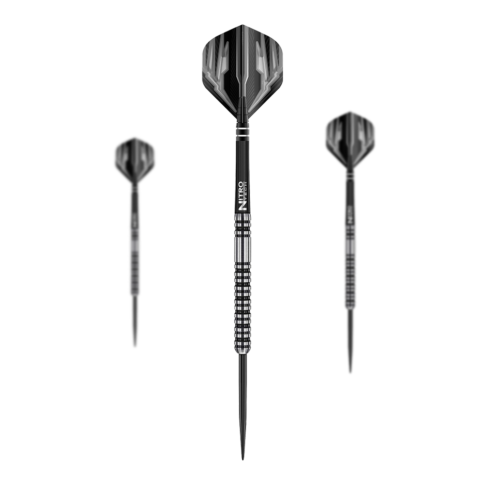 Red Dragon Dragonfly 3 steel darts Das Bild zeigt drei Steeldarts des Modells "Red Dragon Dragonfly 3". Die Darts haben ein schwarz-silbernes Design mit strukturiertem Griff.