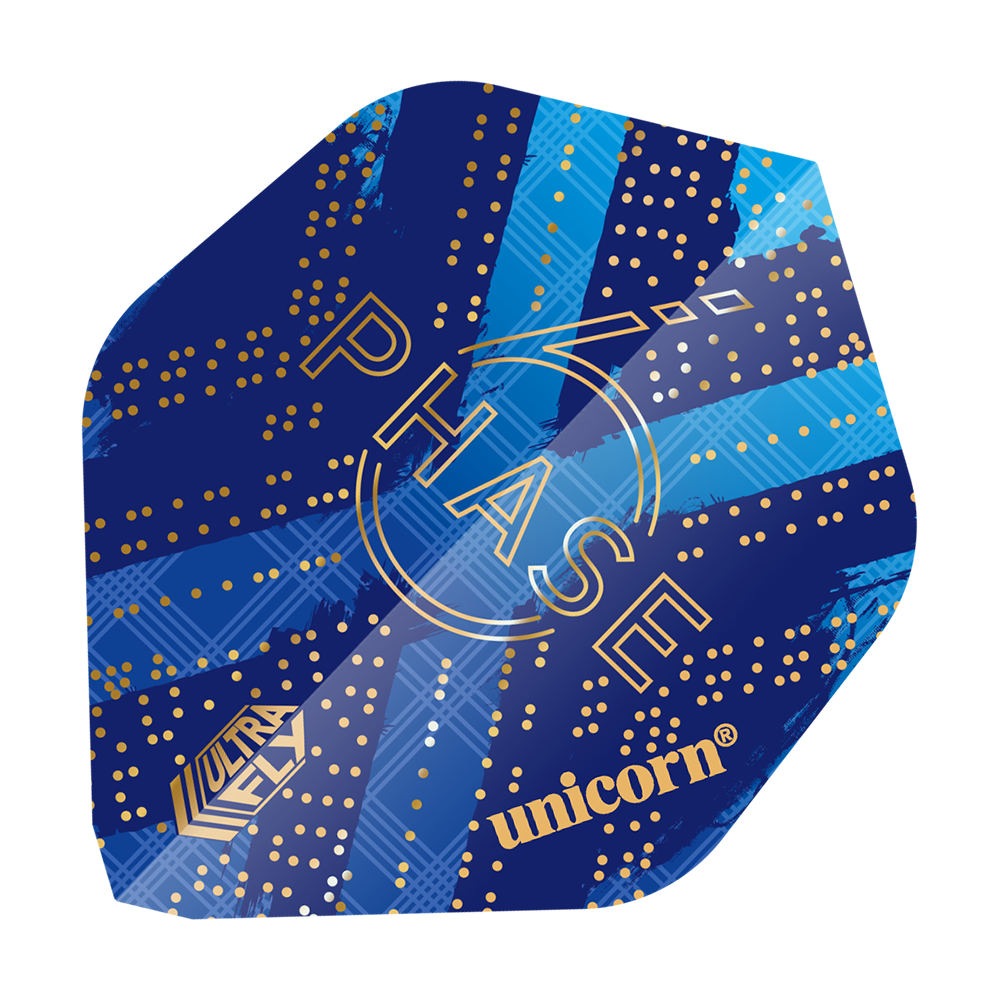 Das Bild zeigt ein Dart-Flight mit einem blauen Design und goldenen Punkten. Auf dem Flight stehen die Wörter "PHASE", "ULTRA FLY" und "unicorn".