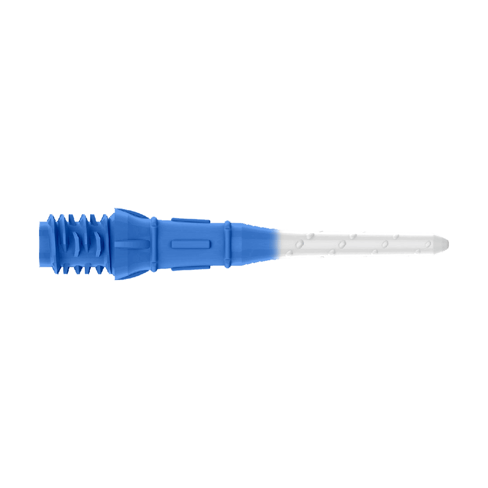 L-Style Premium Two Tone Lippoints (Pack of 30) Das Bild zeigt eine Dartspitze mit zwei Farben, dunkelblau und weiß. Der hintere Teil ist dunkelblau, während der vordere Teil weiß ist.