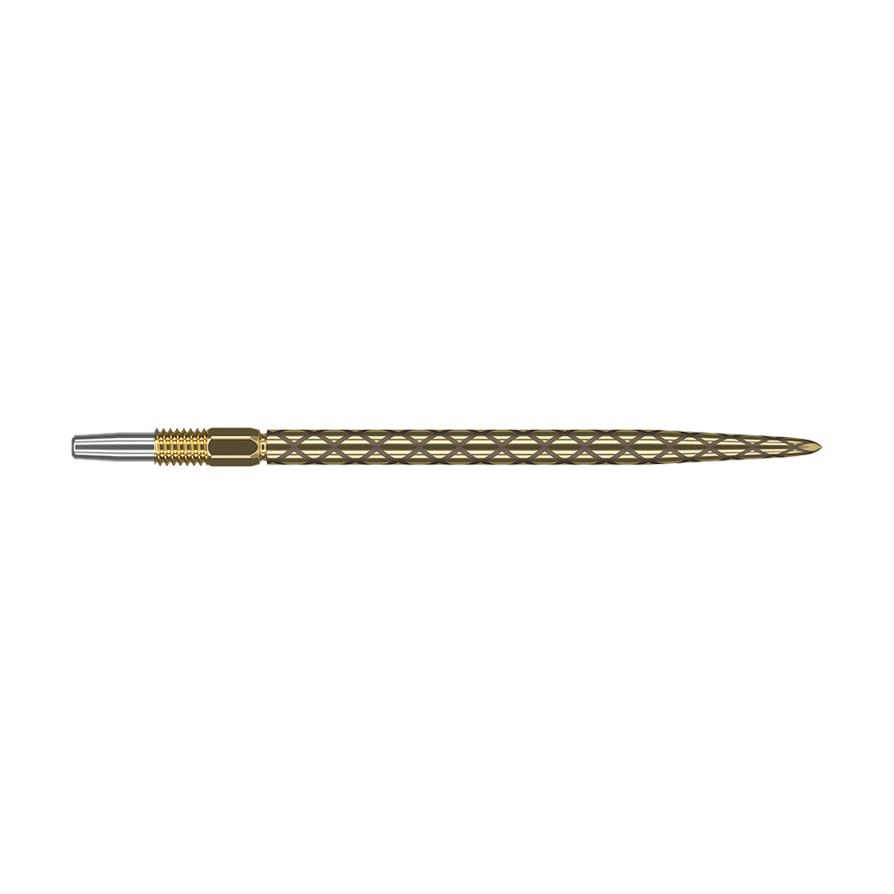 Target Swiss Diamond Pro Gold dart tips Das Bild zeigt eine goldene Dartspitze mit einem diamantförmigen Muster. Die Spitze ist schmal und hat am vorderen Ende einen silbernen Bereich.