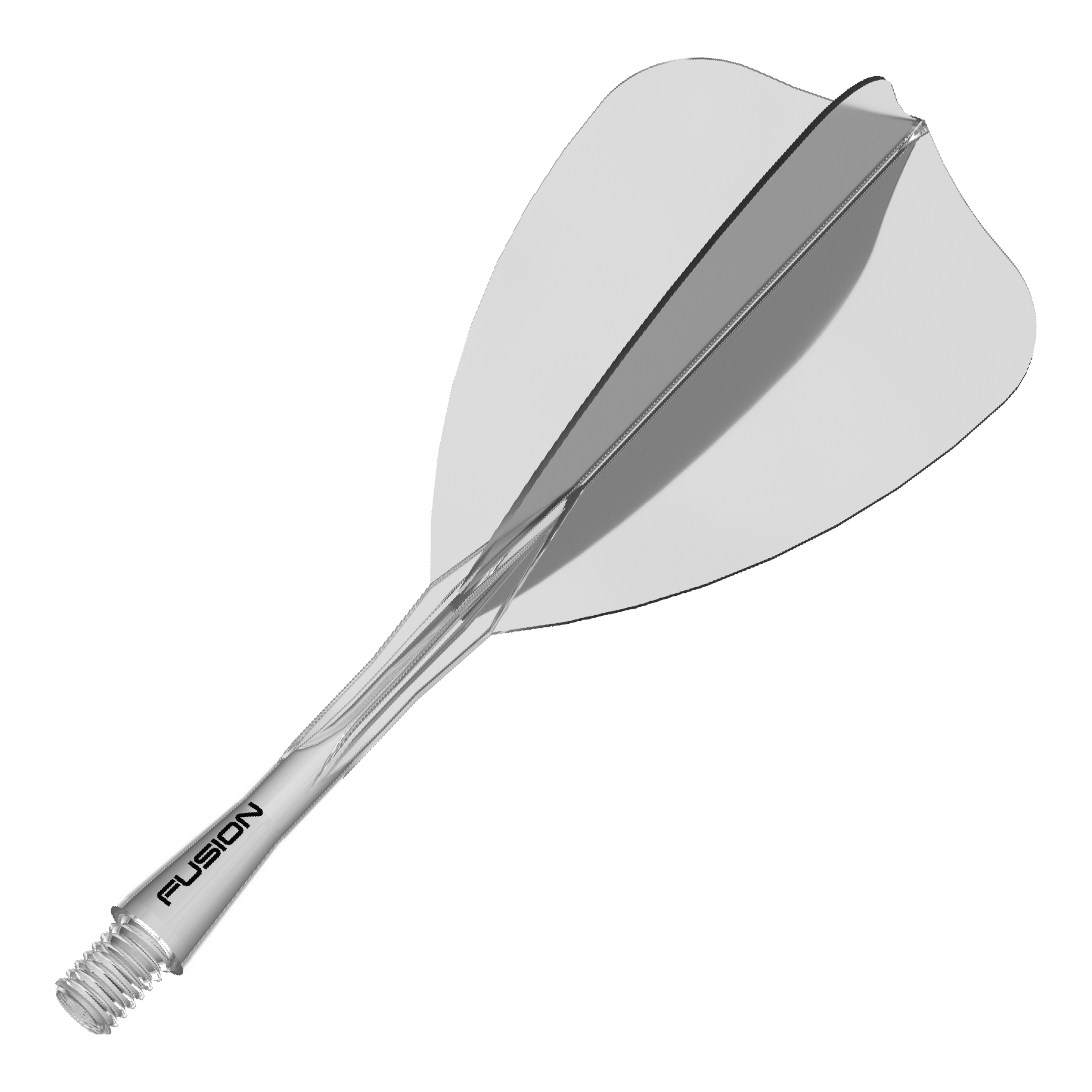 Das Bild zeigt ein Dartzubehör, wahrscheinlich einen transparenten Shaft oder Flight. Der Dateiname weist auf 'Winmau Fusion Flight Shaft System Arrow Clear 28mm 1' hin.
