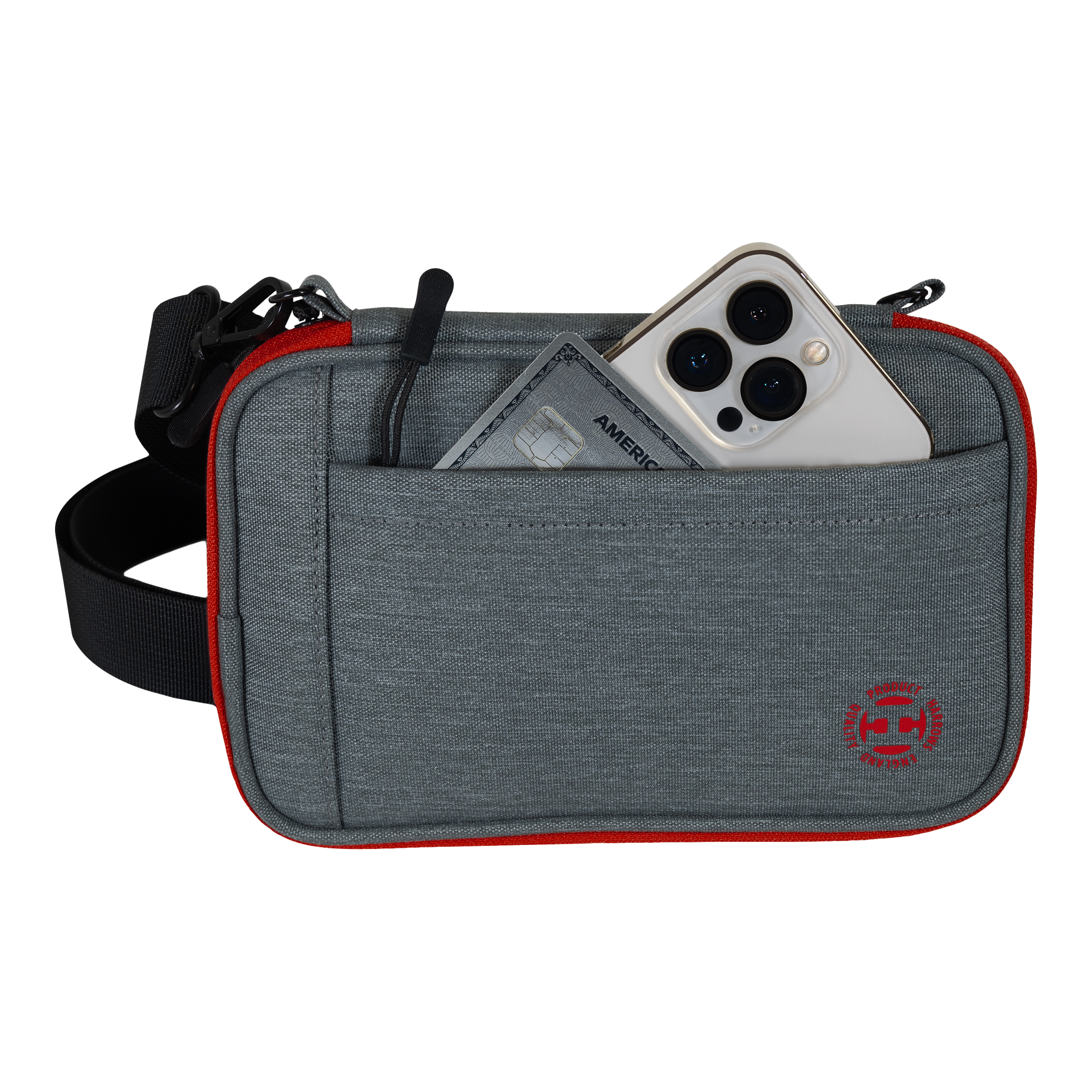 Harrows Smart Case XL dart wallet Das Bild zeigt eine graue Tasche mit rotem Rand und einem schwarzen Gurt. In der Vordertasche stecken ein Smartphone und eine Kreditkarte.